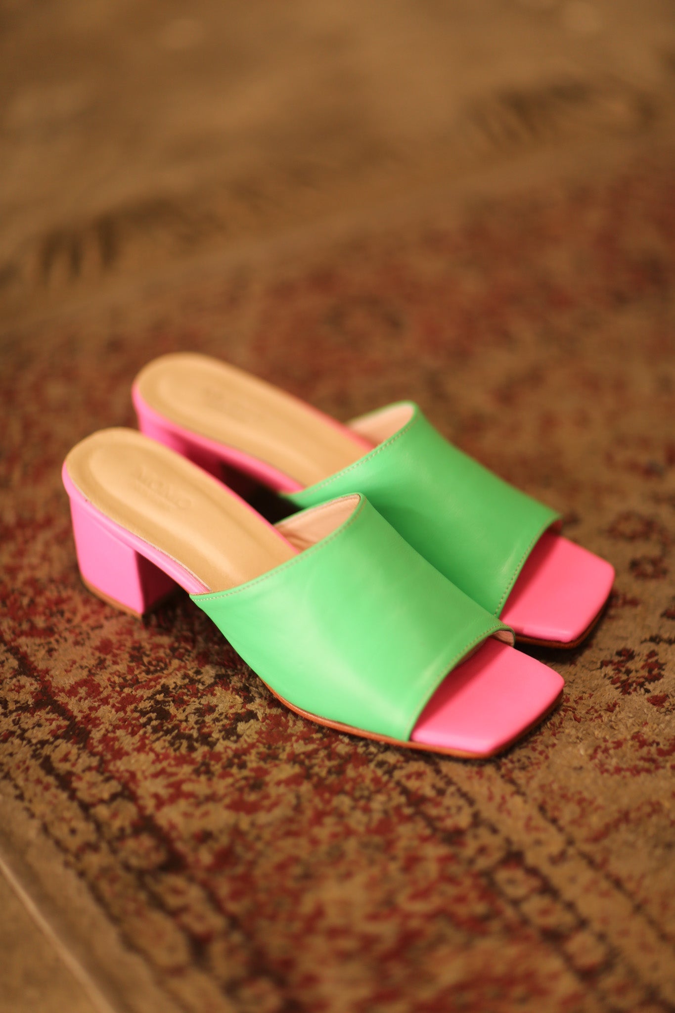 HEELED LEATHER MULES LORIN GREEN PINK