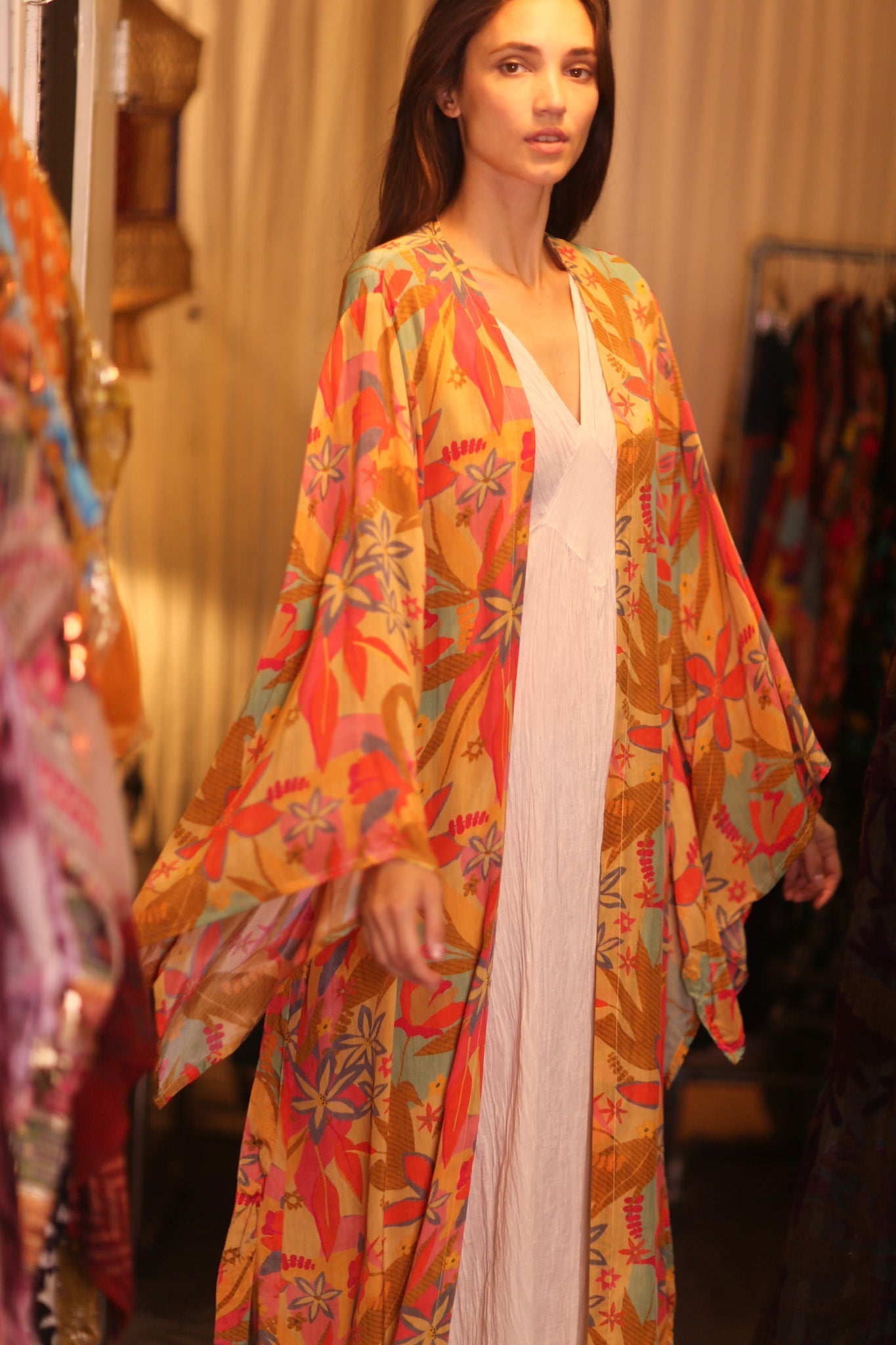 SILK KIMONO PINA ORANGE LEAF
