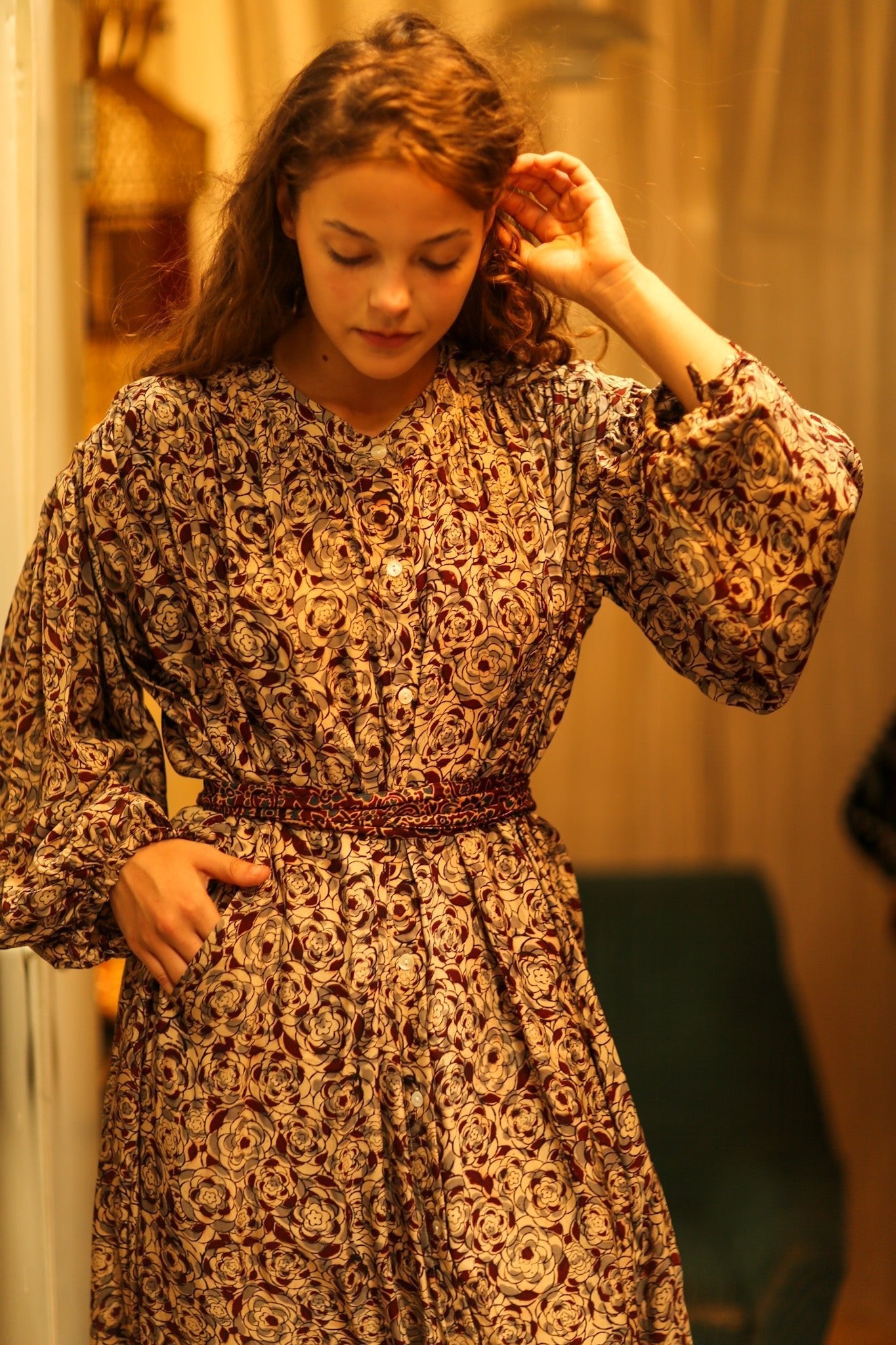 ELIZABETH SILK DRESS GREY FLORAL - MOMO STUDIO BERLIN - Berlin Concept Store - sustainable & ethical fashion