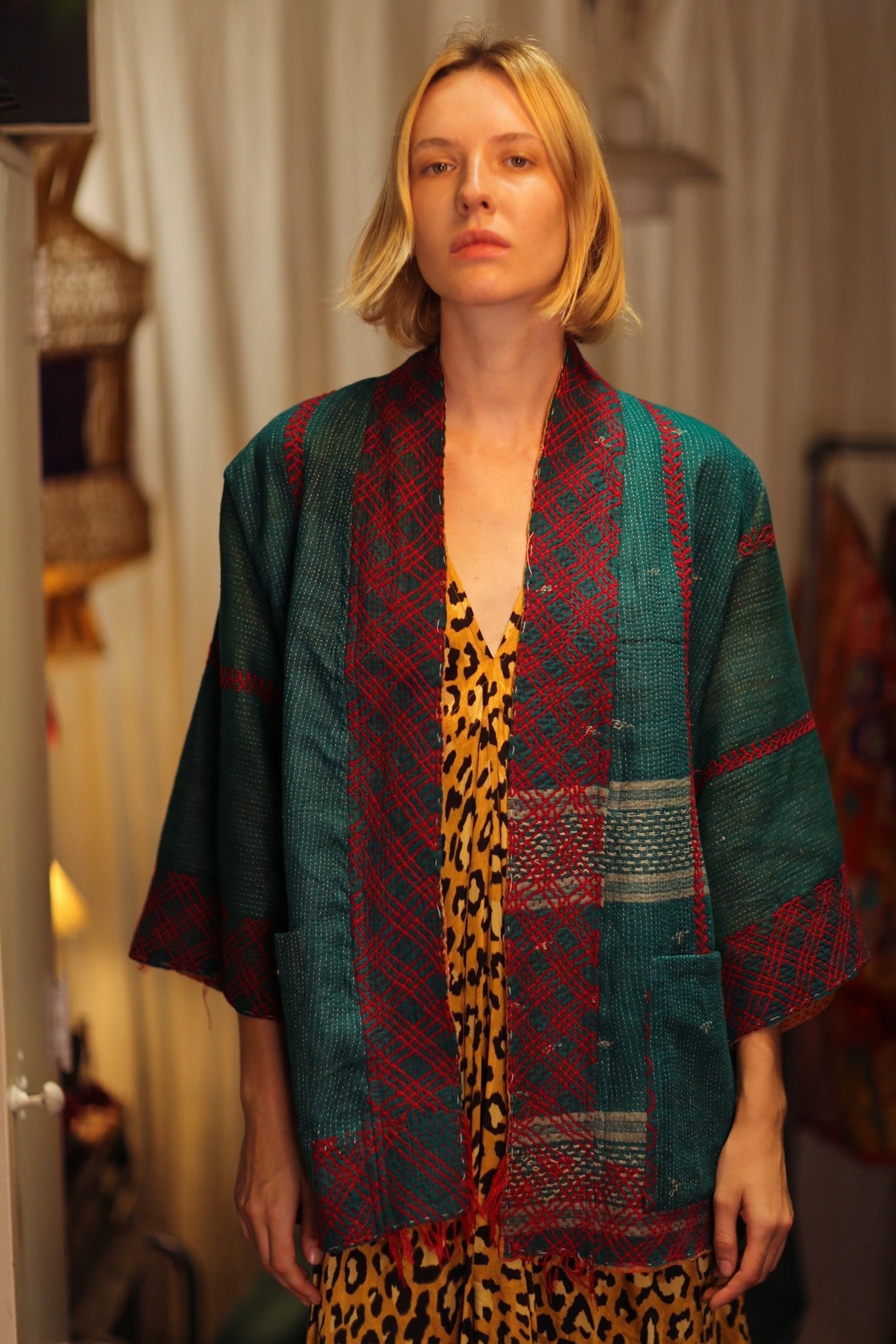 EMBROIDERED KANTHA KIMONO MONTY FOREST GREEN - MOMO STUDIO BERLIN - Berlin Concept Store - sustainable & ethical fashion