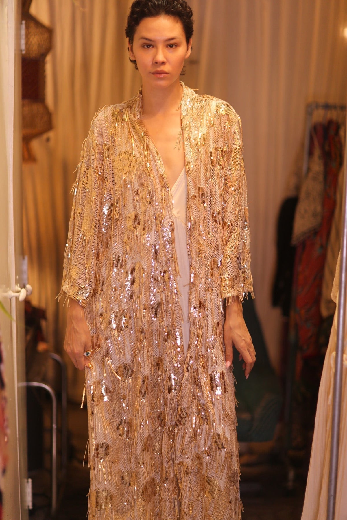 EMBROIDERED LONG FRINGE KIMONO GOLDEN - MOMO STUDIO BERLIN - Berlin Concept Store - sustainable & ethical fashion