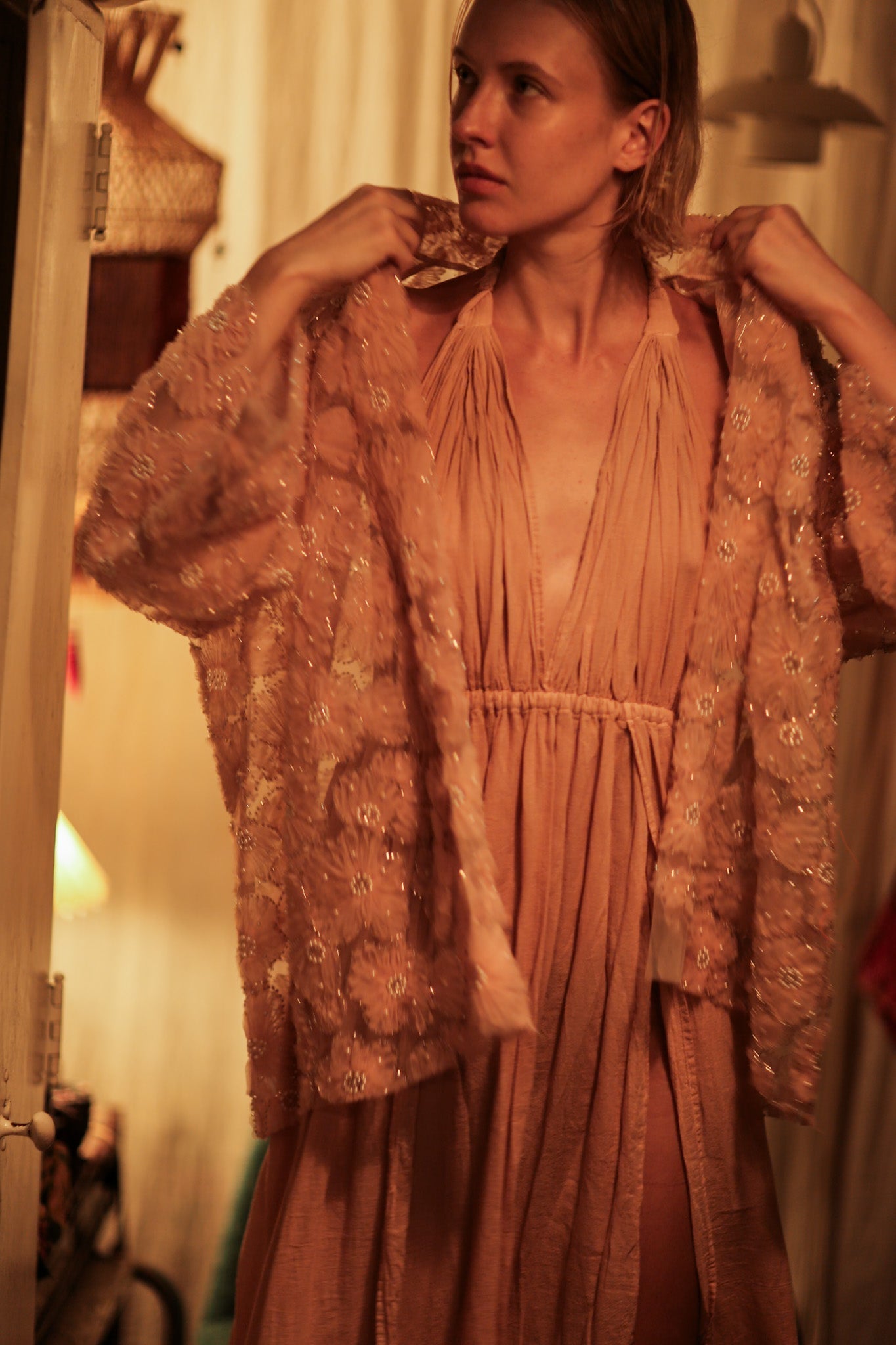 FLO SEQUINED EMBROIDERED SHORT KIMONO PASTEL PINK - MOMO STUDIO BERLIN - Berlin Concept Store - sustainable & ethical fashion