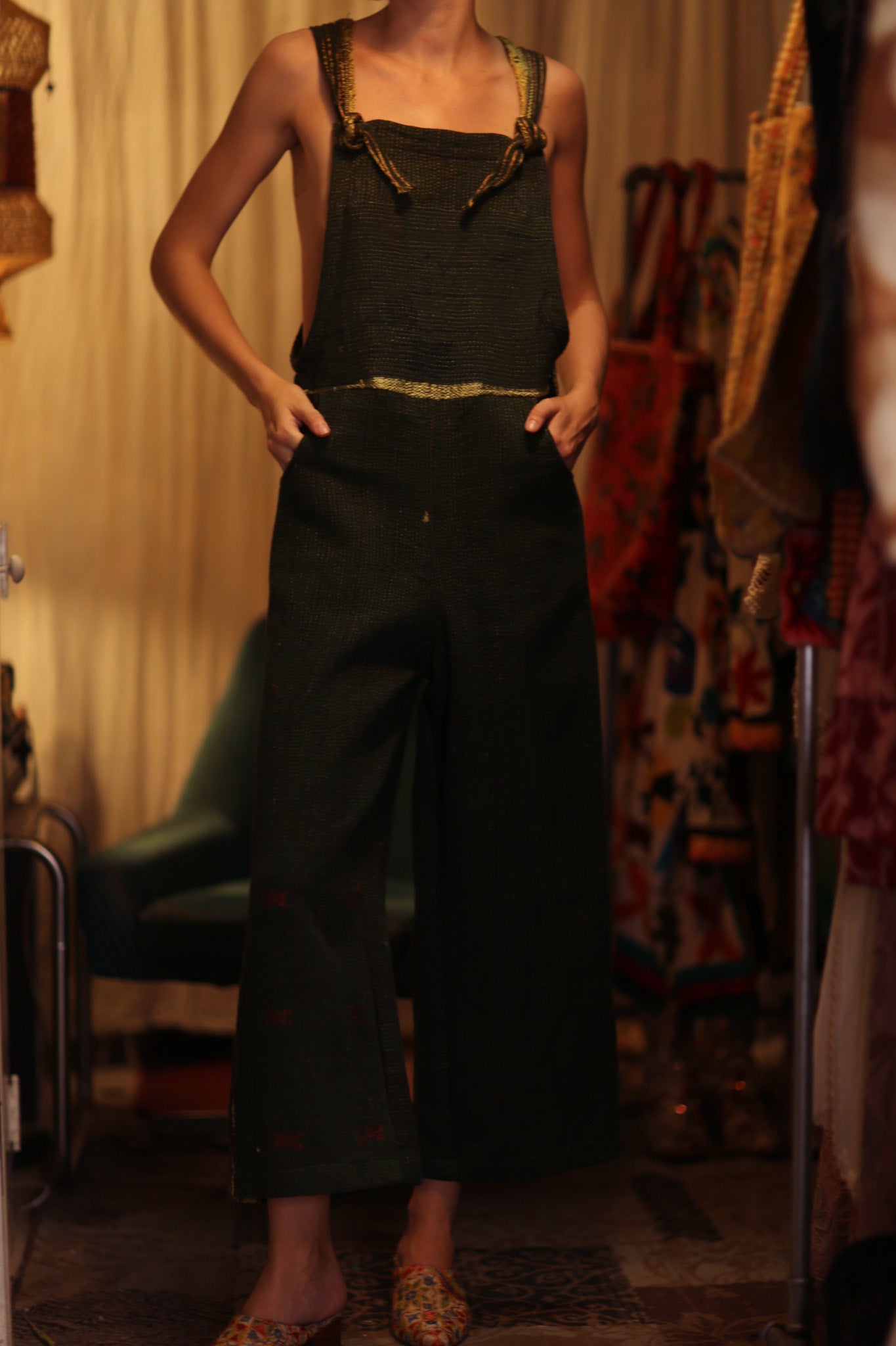 FREYA OVERALL EMBROIDERED KANTHA FOREST GREEN - MOMO STUDIO BERLIN - Berlin Concept Store - sustainable & ethical fashion