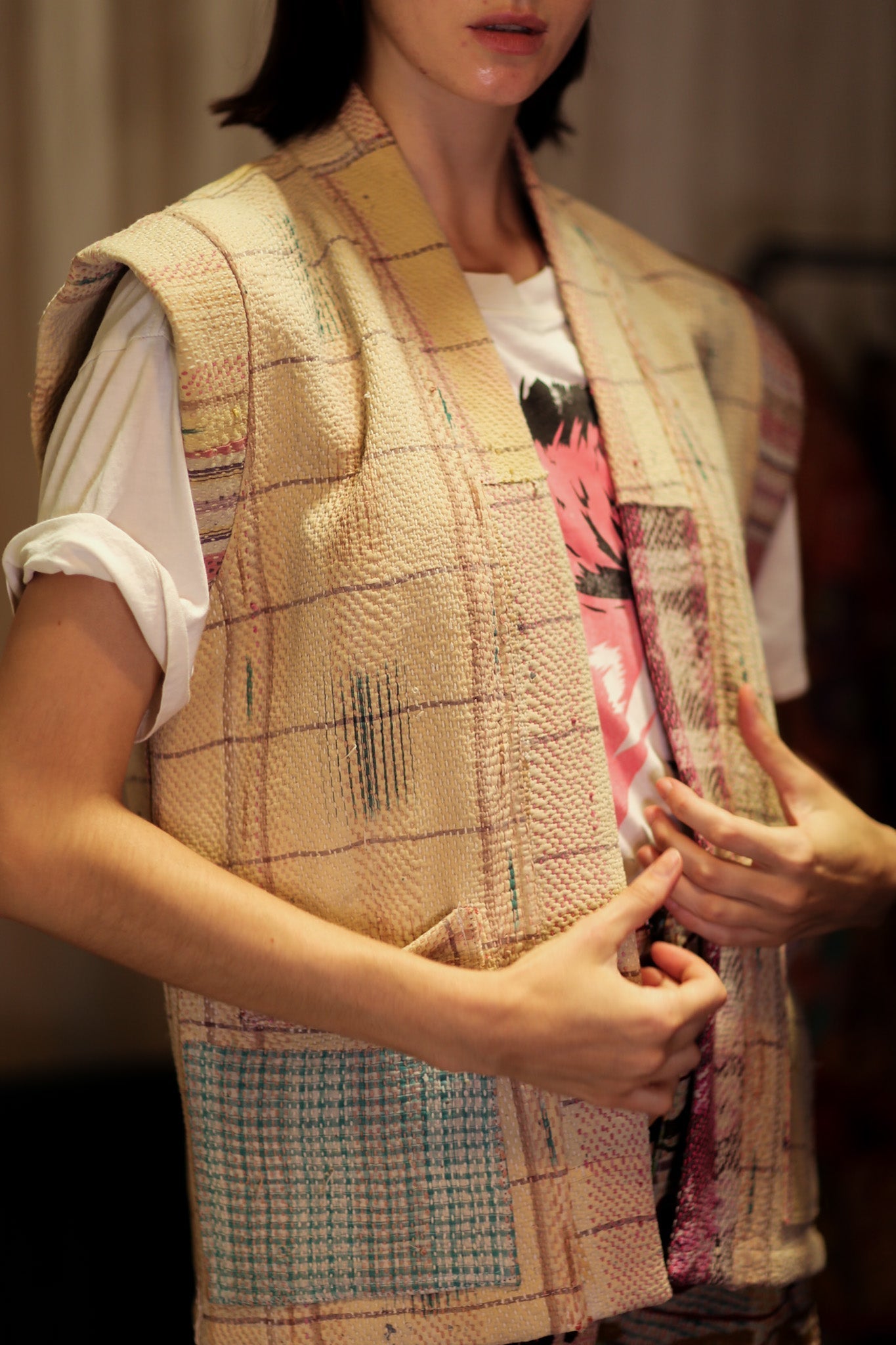 KANTHA GILET VEST BANANA CHECKS - MOMO STUDIO BERLIN - Berlin Concept Store - sustainable & ethical fashion