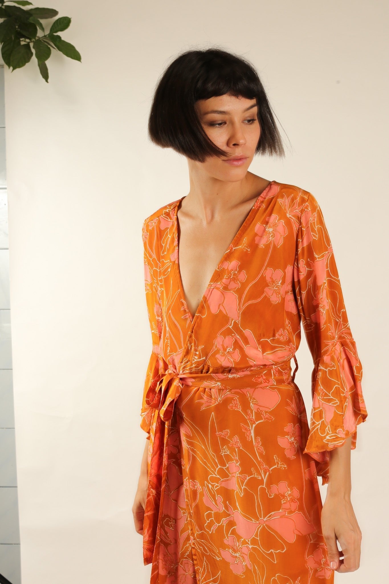 Orange silk shops wrap dress