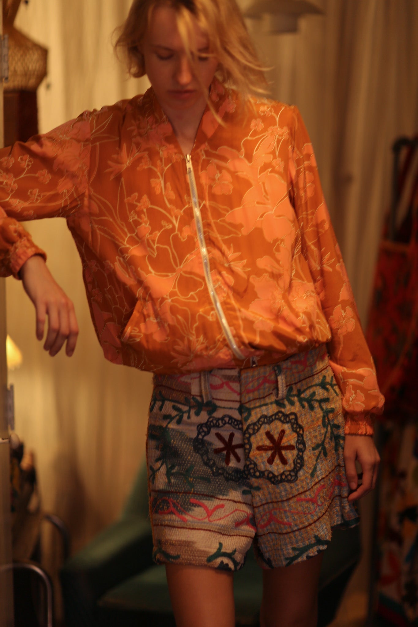 ANCHA SILK BOMBER JACKET ORANGE FLOWER