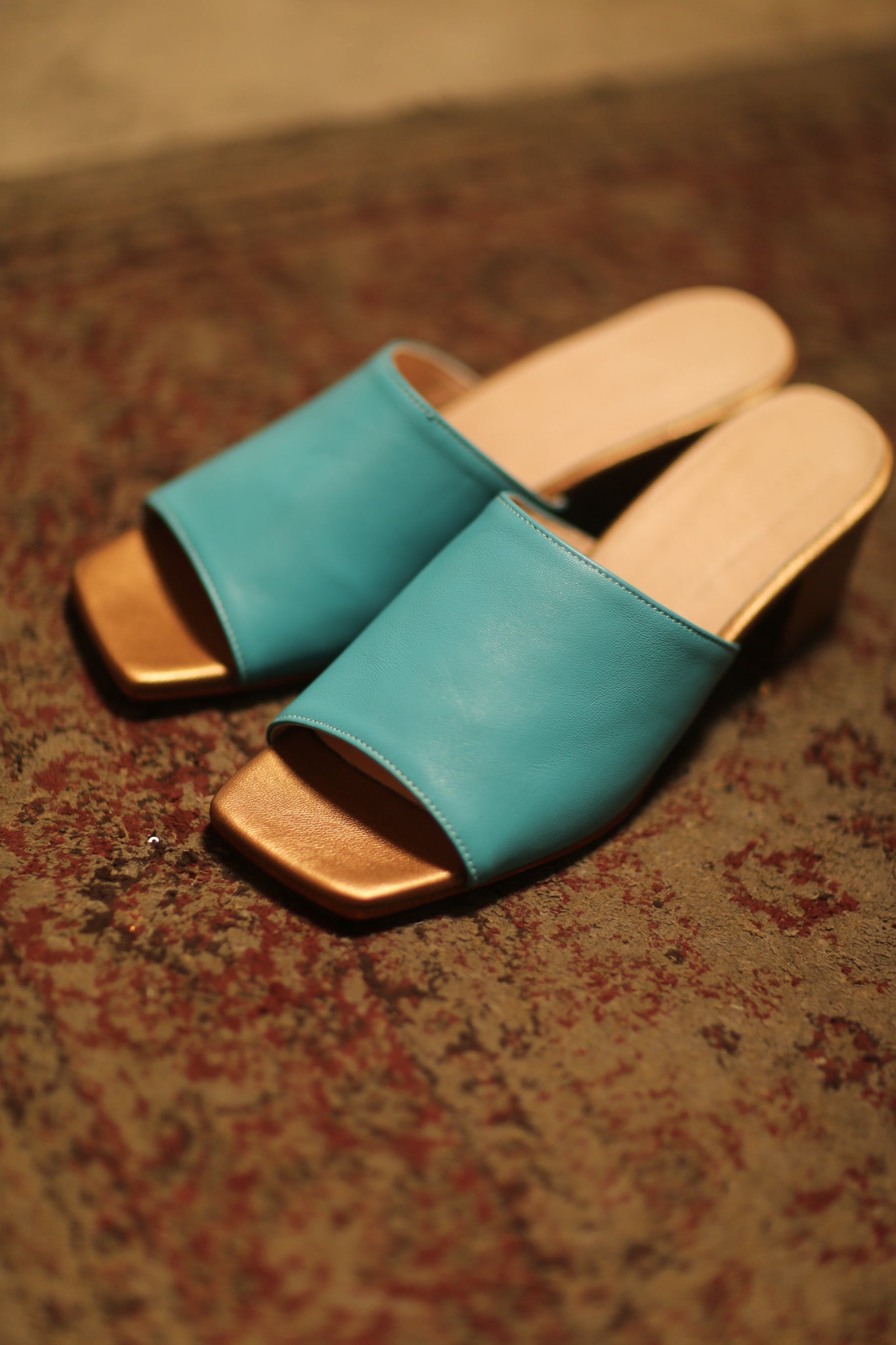 HEELED MULES LORIN AQUA GOLD