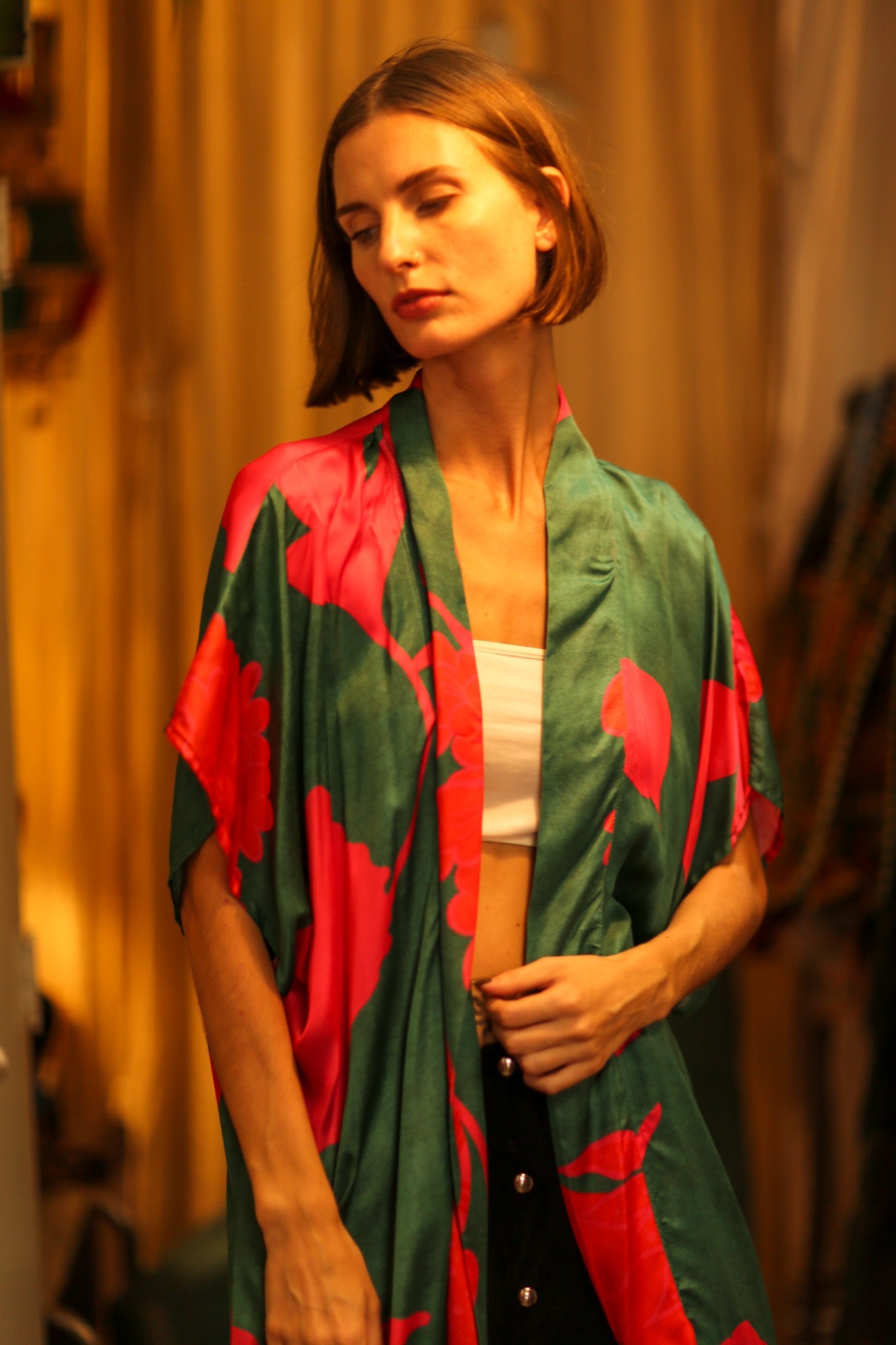 SILK KIMONO GREEN AND PINK