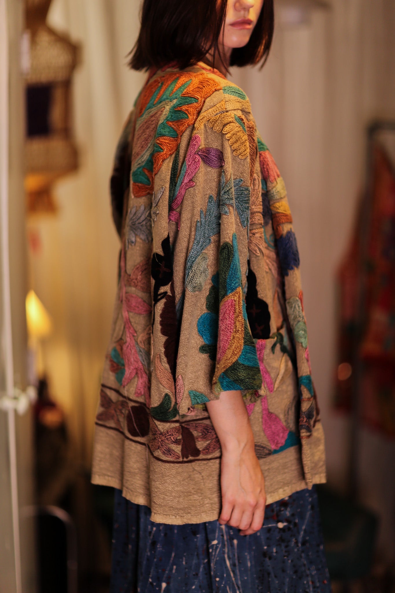 EMBROIDERED KANTHA KIMONO MONTY TROPIC FLOWER
