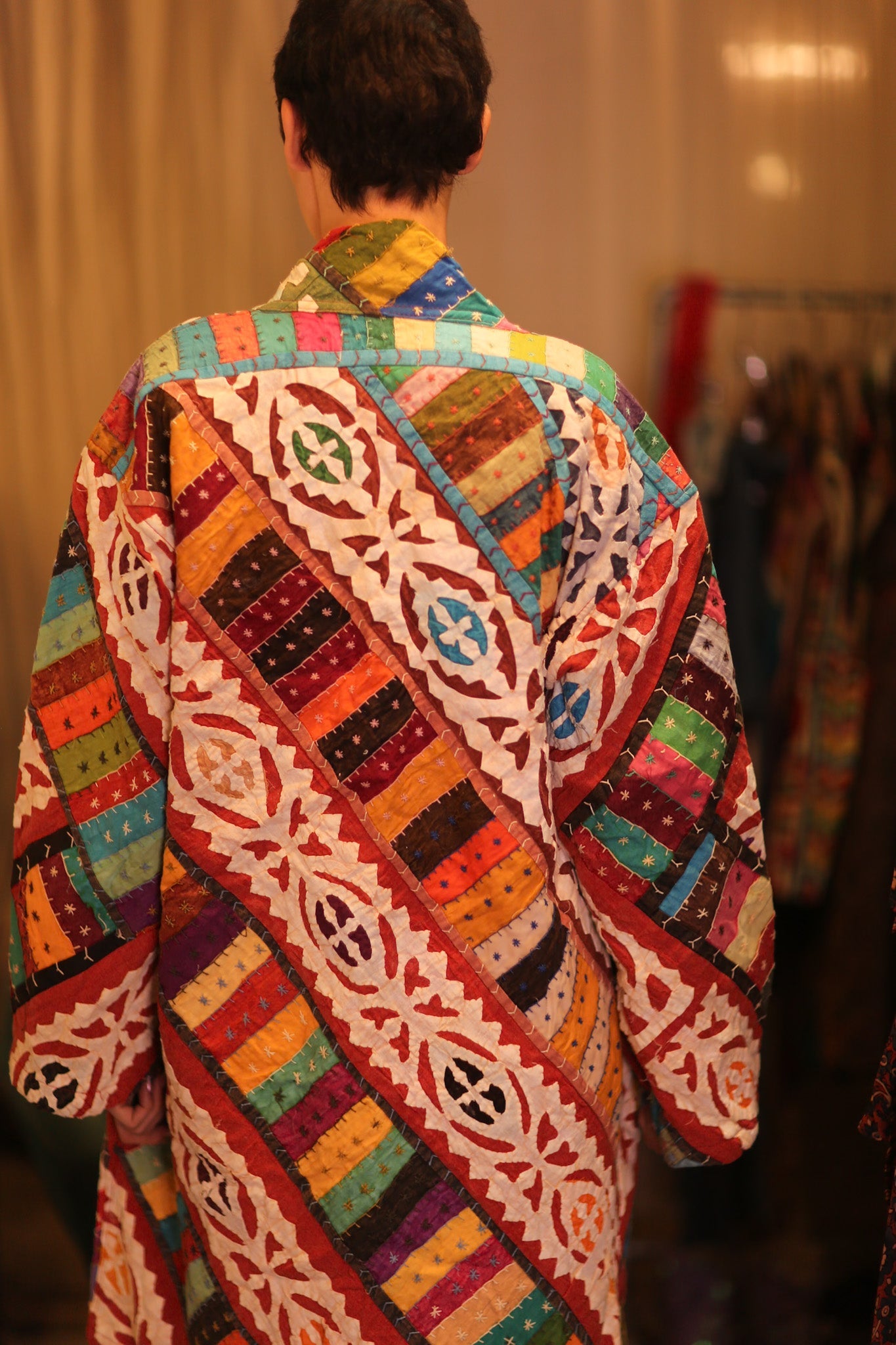 PATCHWORK PATTERN KANTHA LONG KIMONO RAINBOW