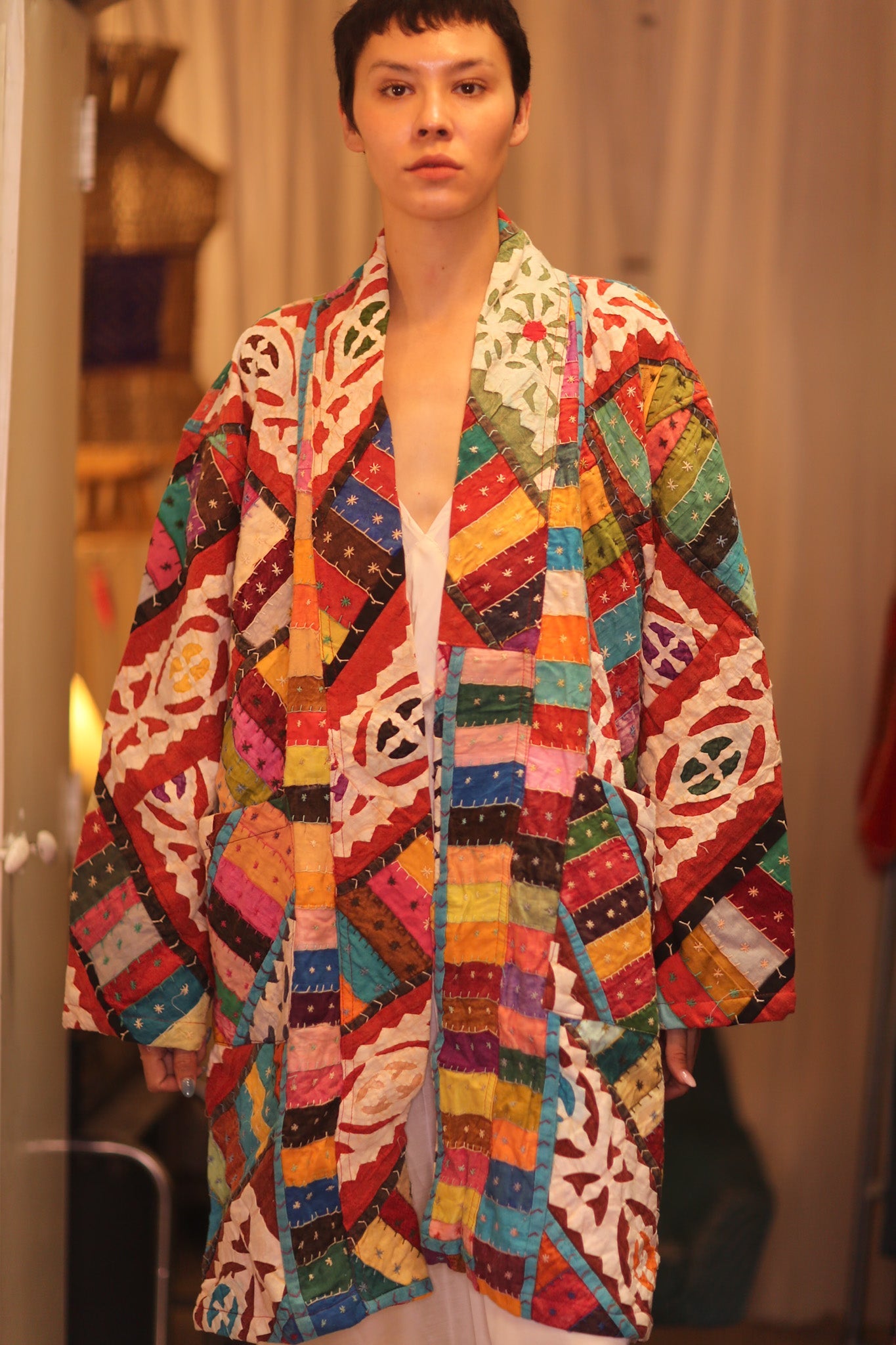PATCHWORK PATTERN KANTHA LONG KIMONO RAINBOW