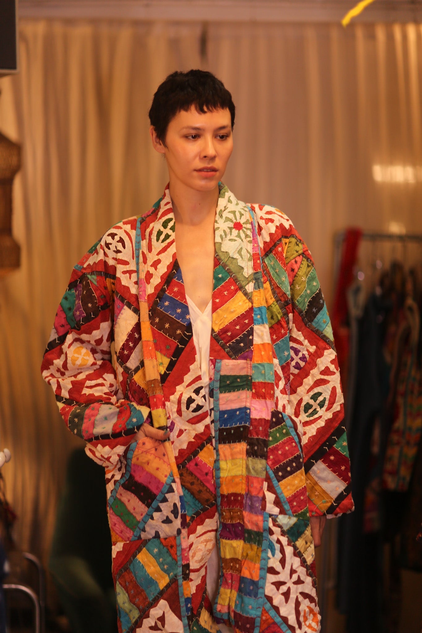 PATCHWORK PATTERN KANTHA LONG KIMONO RAINBOW