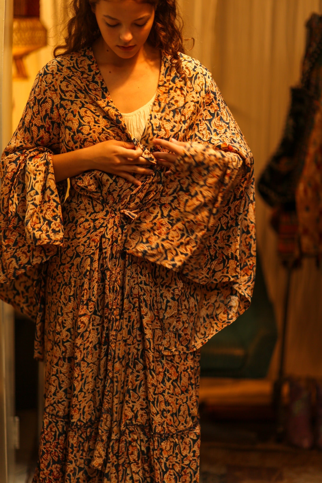 PINA SILK KIMONO LEAFY BLUE