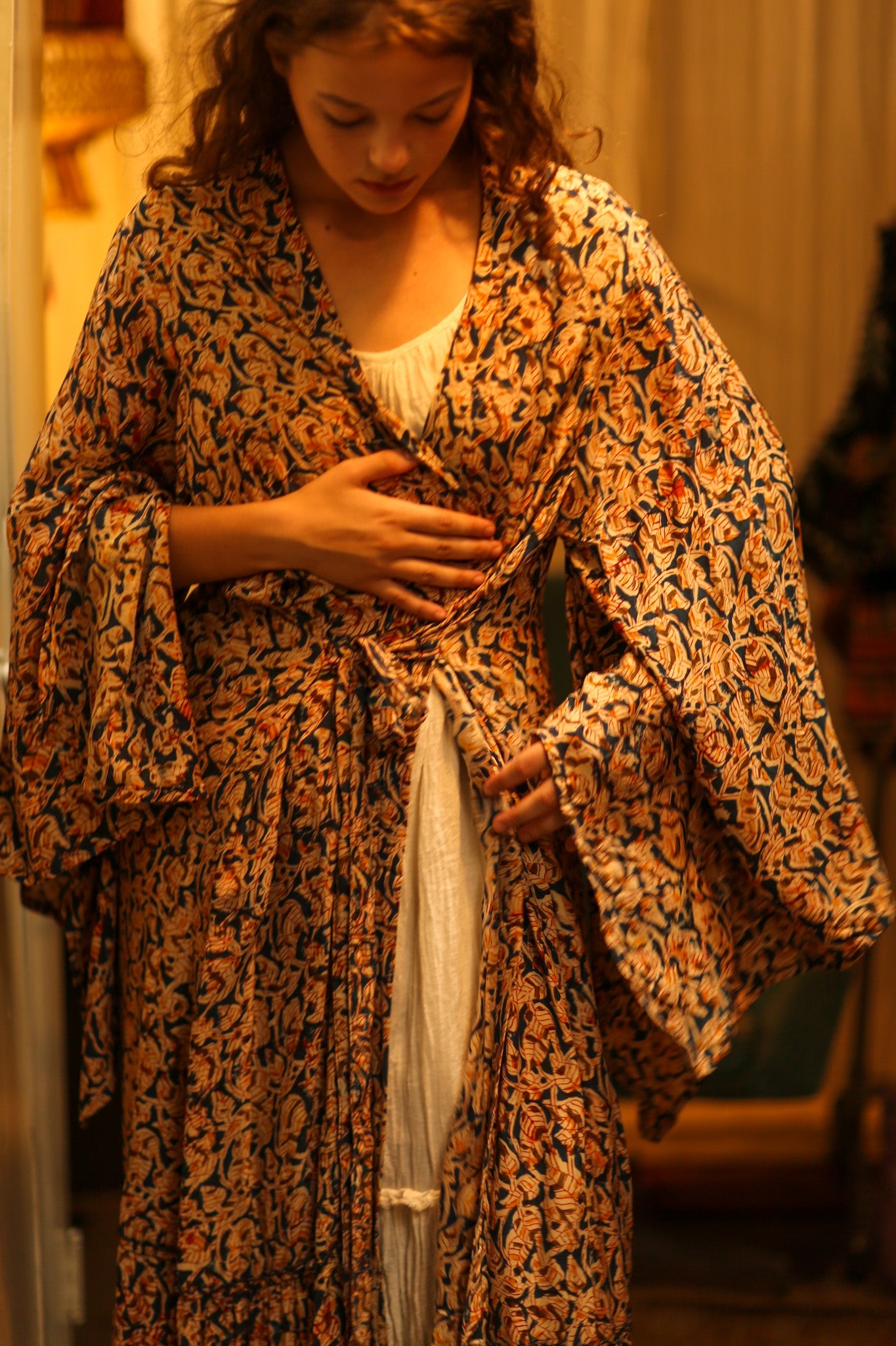 PINA SILK KIMONO LEAFY BLUE