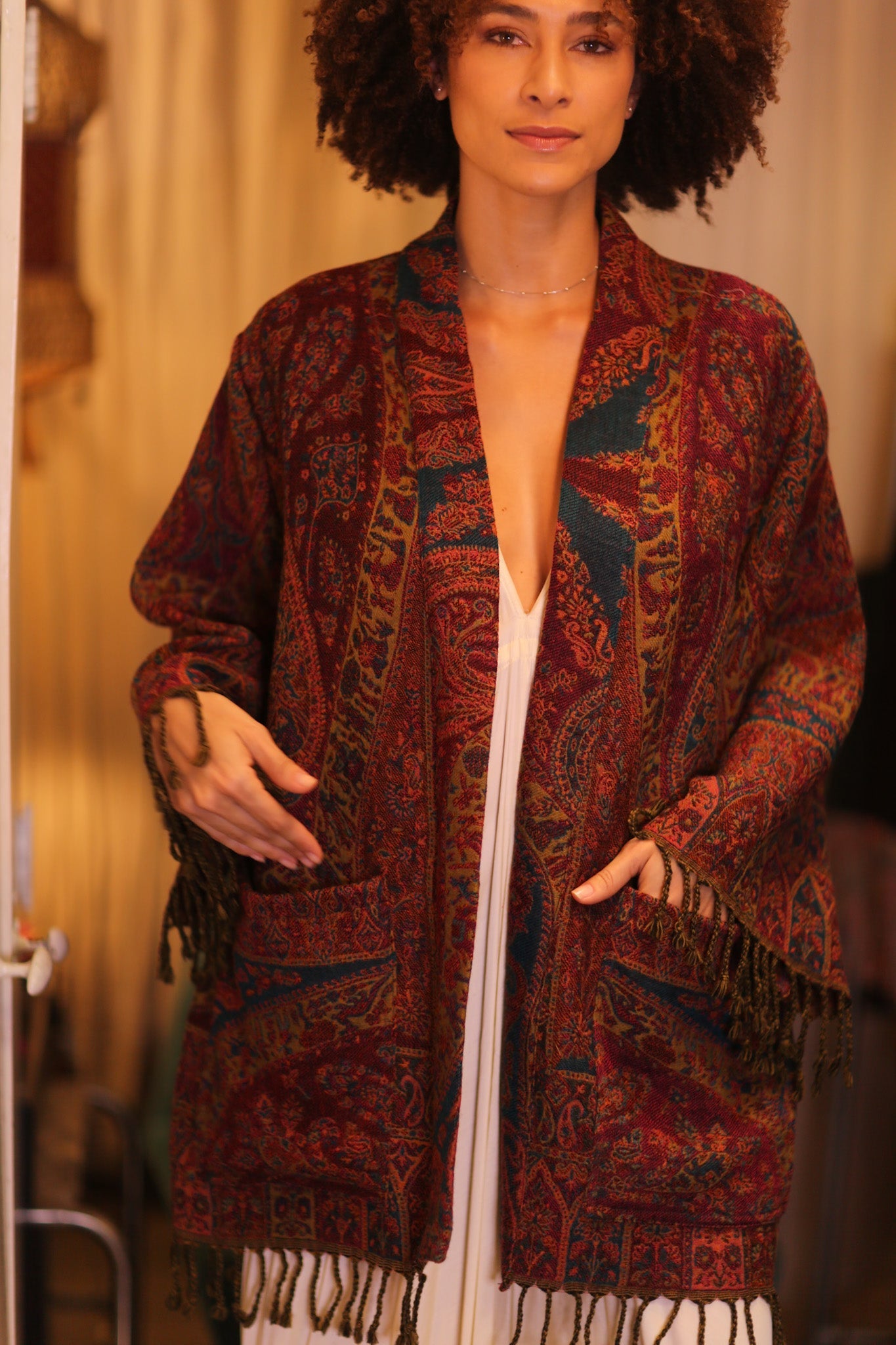 CONE PATTERN EMBROIDERED COTTON WOOL SHAWL KIMONO KAYCY