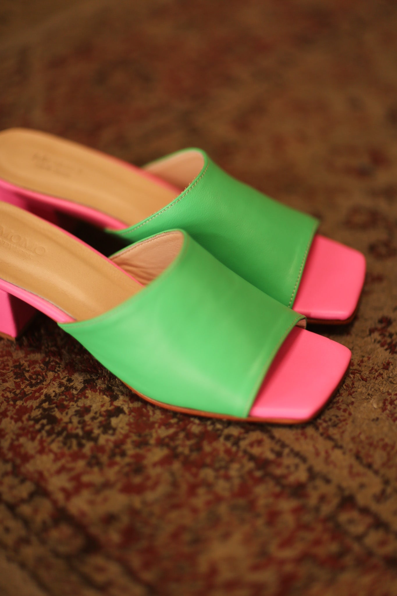 HEELED LEATHER MULES LORIN GREEN PINK