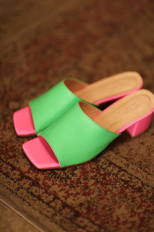 HEELED LEATHER MULES LORIN GREEN PINK