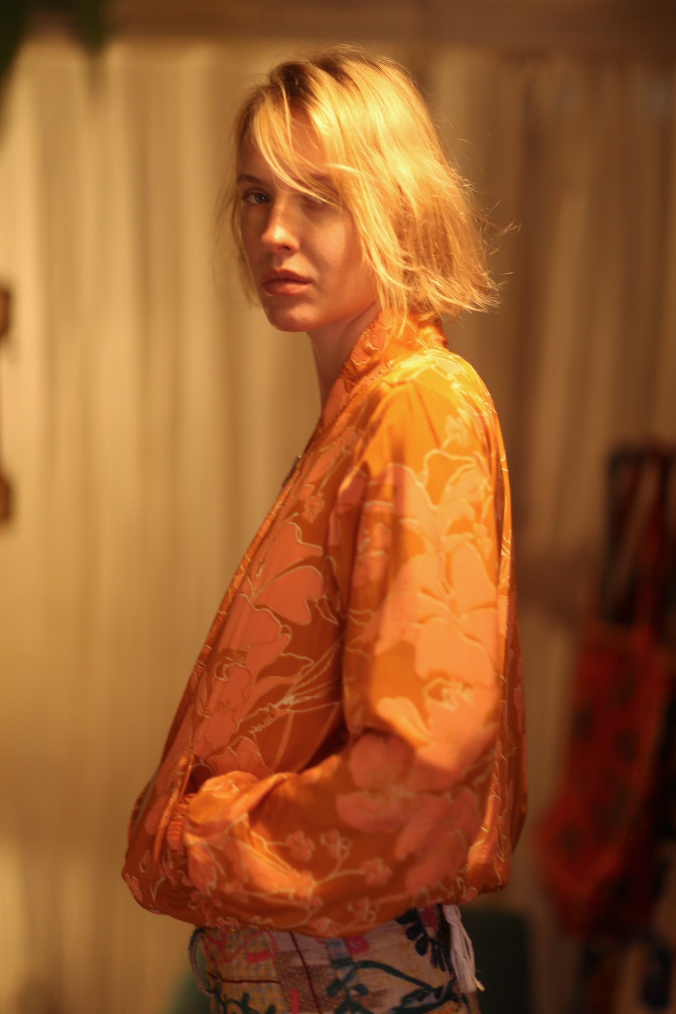 ANCHA SILK BOMBER JACKET ORANGE FLOWER