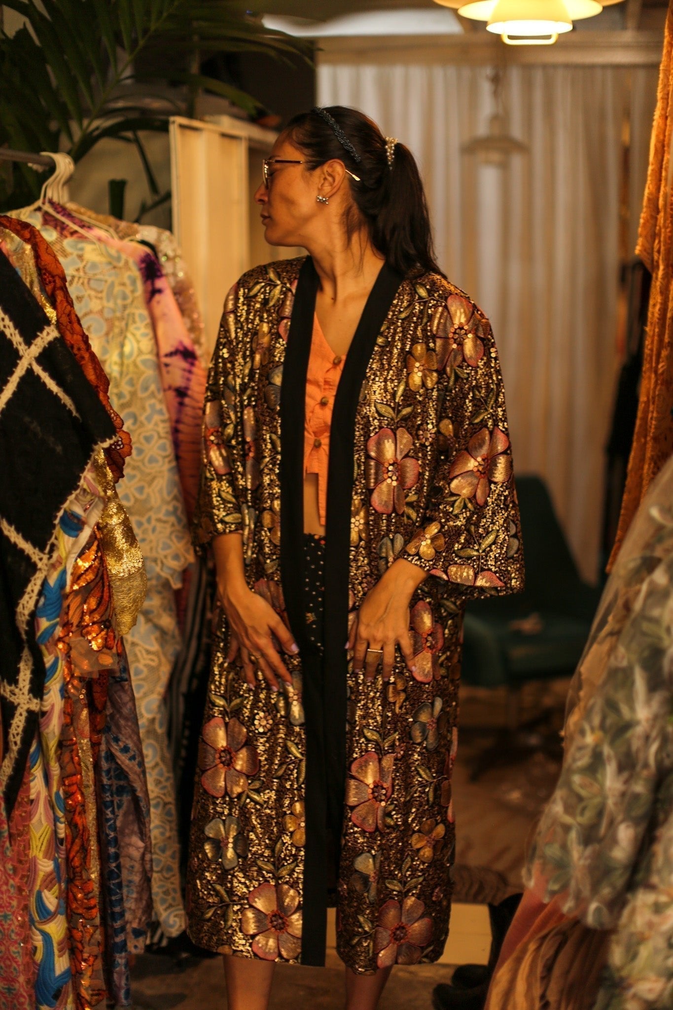 BLACK CHIFFON SILK SEQUIN EMBROIDERED KIMONO - MOMO STUDIO BERLIN - Berlin Concept Store - sustainable & ethical fashion