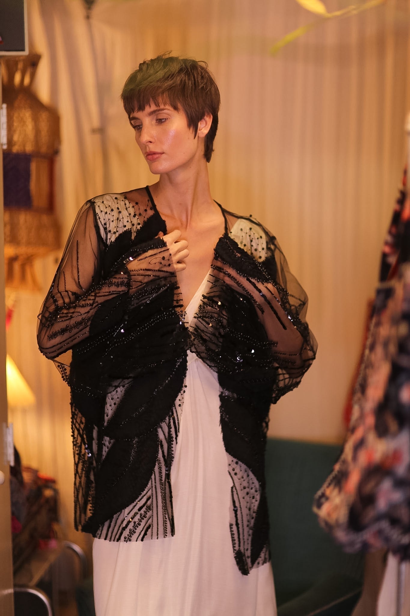 BLACK SEQUINS SHORT KIMONO LEAVES - MOMO STUDIO BERLIN - Berlin Concept Store - sustainable & ethical fashion