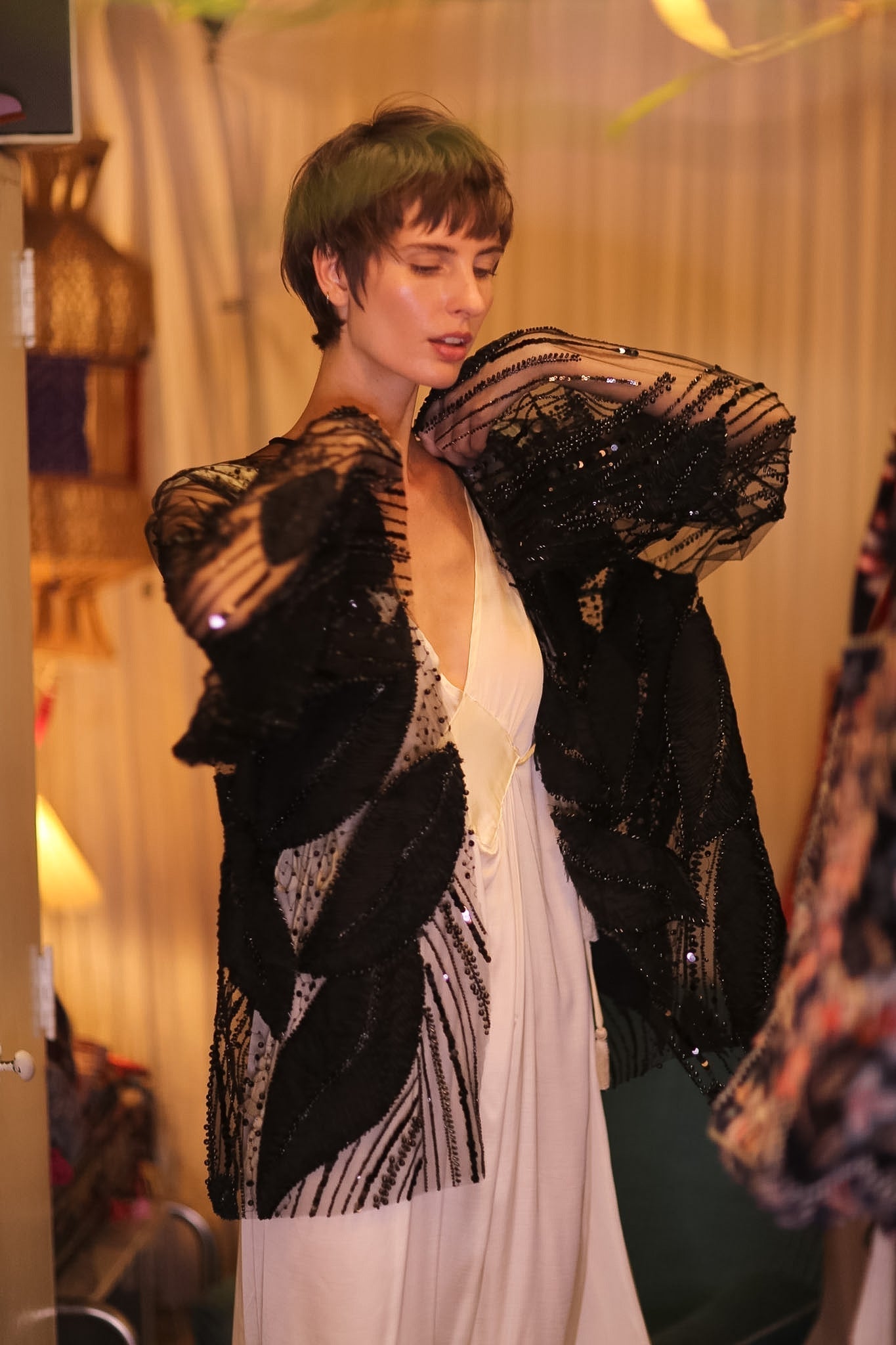 BLACK SEQUINS SHORT KIMONO LEAVES - MOMO STUDIO BERLIN - Berlin Concept Store - sustainable & ethical fashion