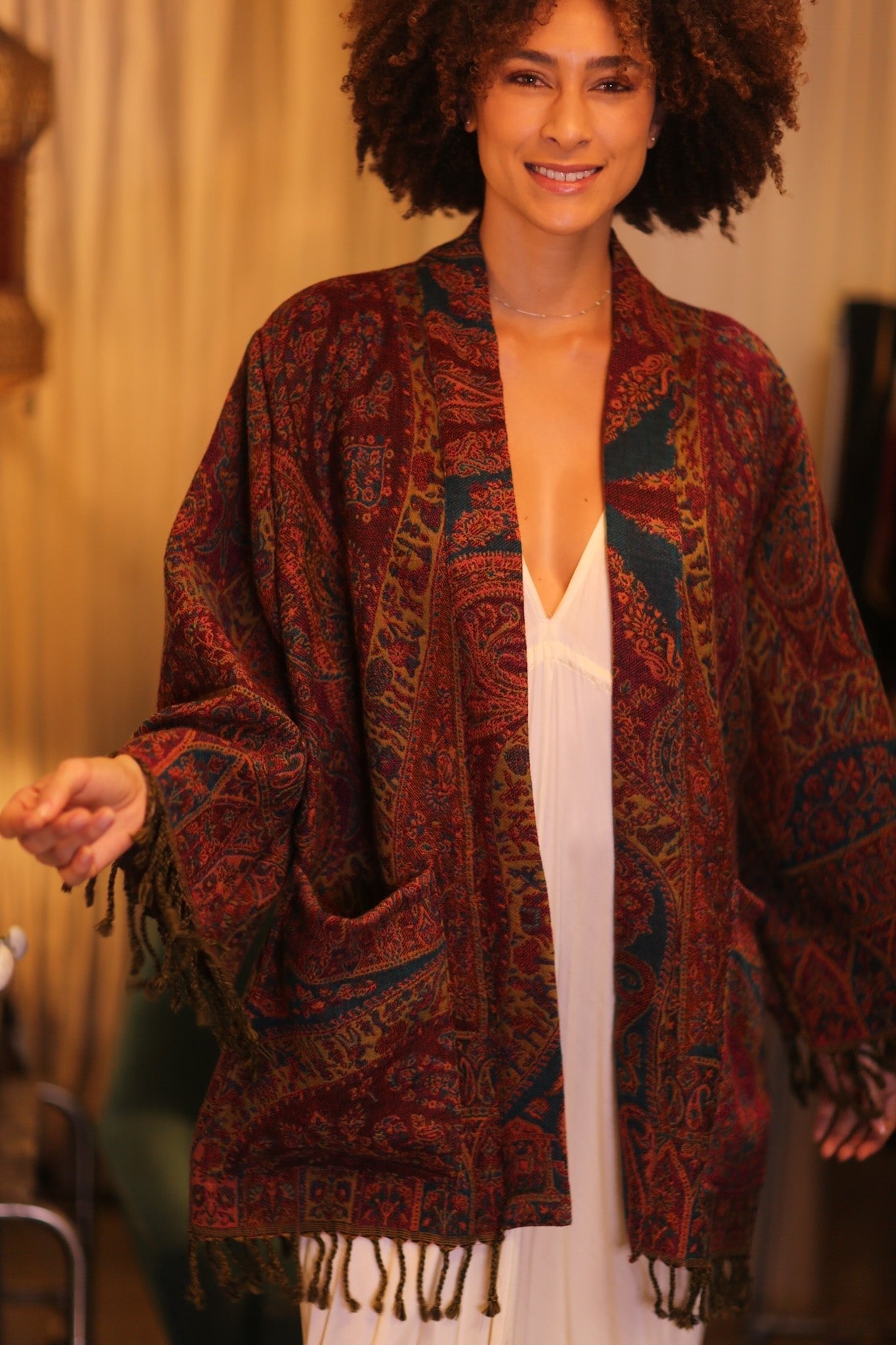 CONE PATTERN EMBROIDERED COTTON WOOL SHAWL KIMONO KAYCY - MOMO STUDIO BERLIN - Berlin Concept Store - sustainable & ethical fashion
