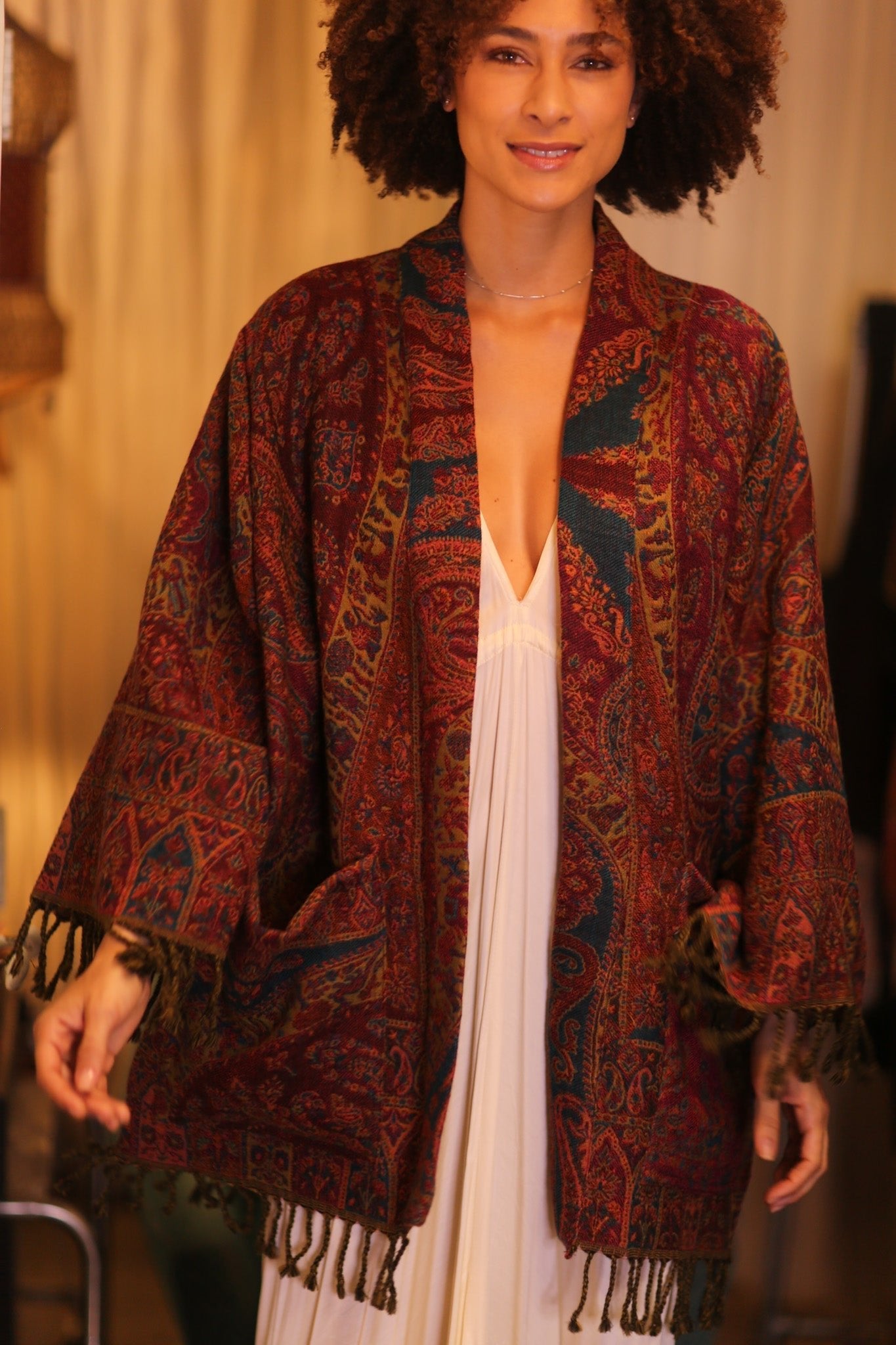 CONE PATTERN EMBROIDERED COTTON WOOL SHAWL KIMONO KAYCY - MOMO STUDIO BERLIN - Berlin Concept Store - sustainable & ethical fashion