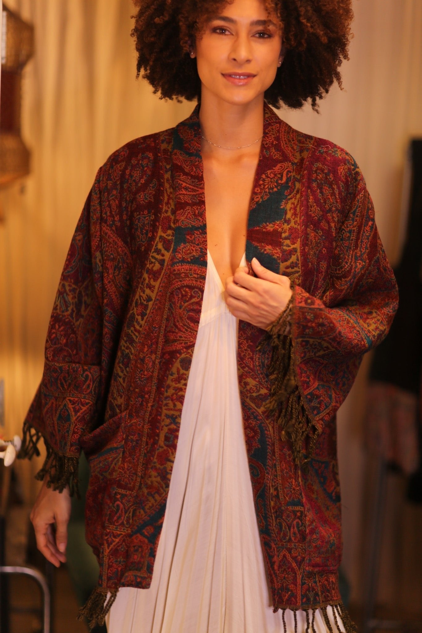 CONE PATTERN EMBROIDERED COTTON WOOL SHAWL KIMONO KAYCY - MOMO STUDIO BERLIN - Berlin Concept Store - sustainable & ethical fashion