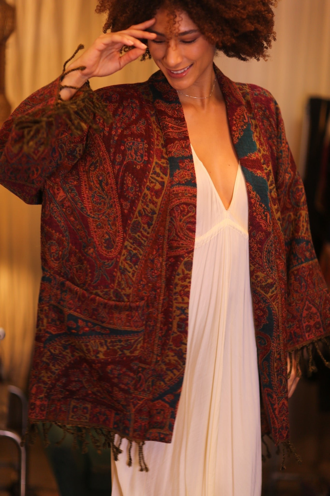 CONE PATTERN EMBROIDERED COTTON WOOL SHAWL KIMONO KAYCY - MOMO STUDIO BERLIN - Berlin Concept Store - sustainable & ethical fashion