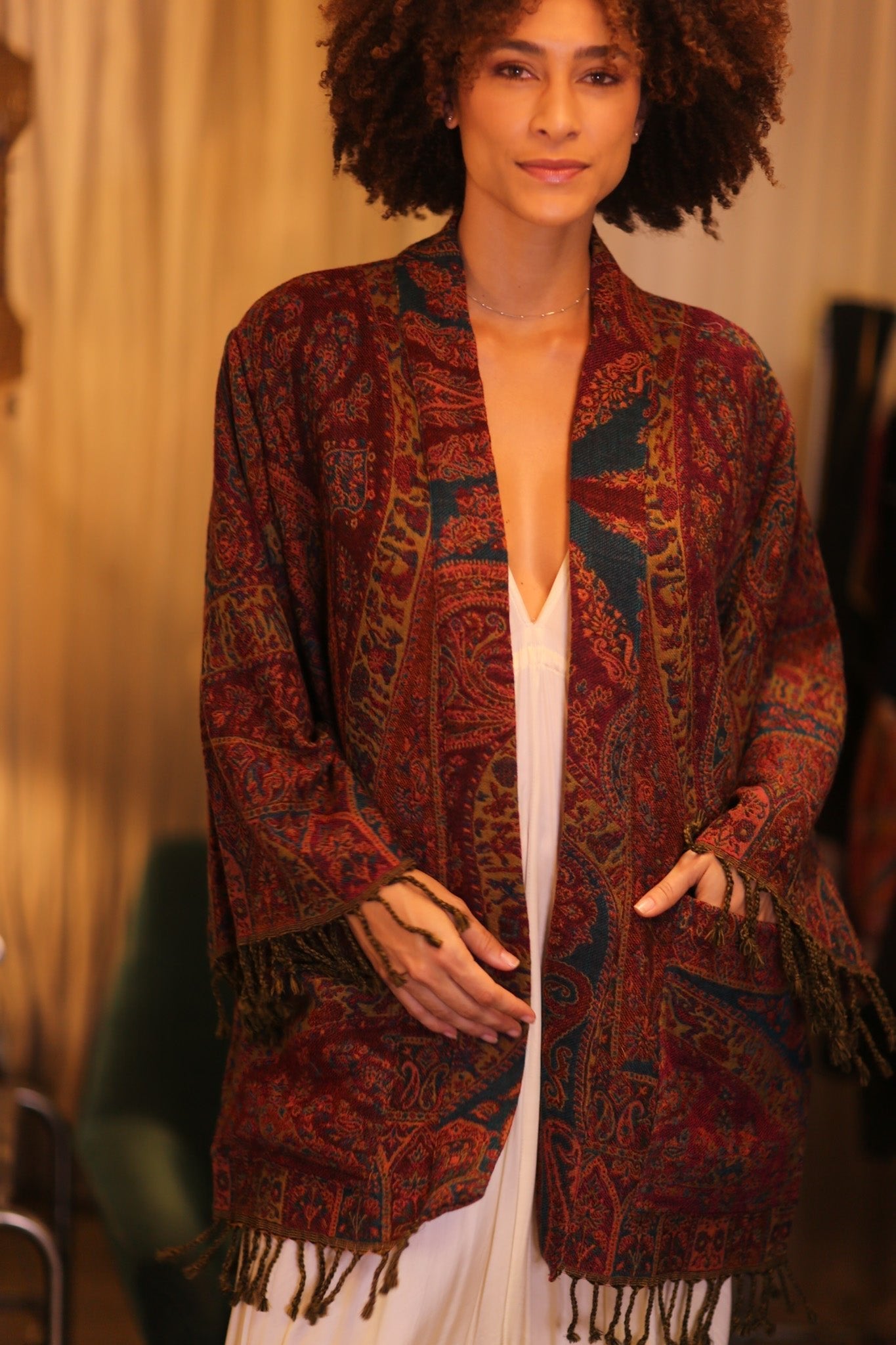 CONE PATTERN EMBROIDERED COTTON WOOL SHAWL KIMONO KAYCY - MOMO STUDIO BERLIN - Berlin Concept Store - sustainable & ethical fashion