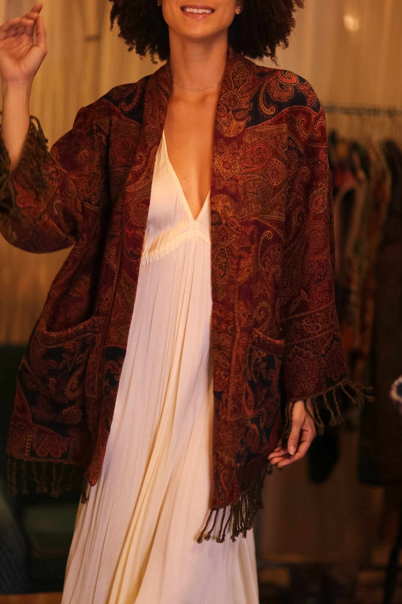 CONE PATTERNED EMBROIDERED COTTON WOOL SHAWL KIMONO NANCY - MOMO STUDIO BERLIN - Berlin Concept Store - sustainable & ethical fashion