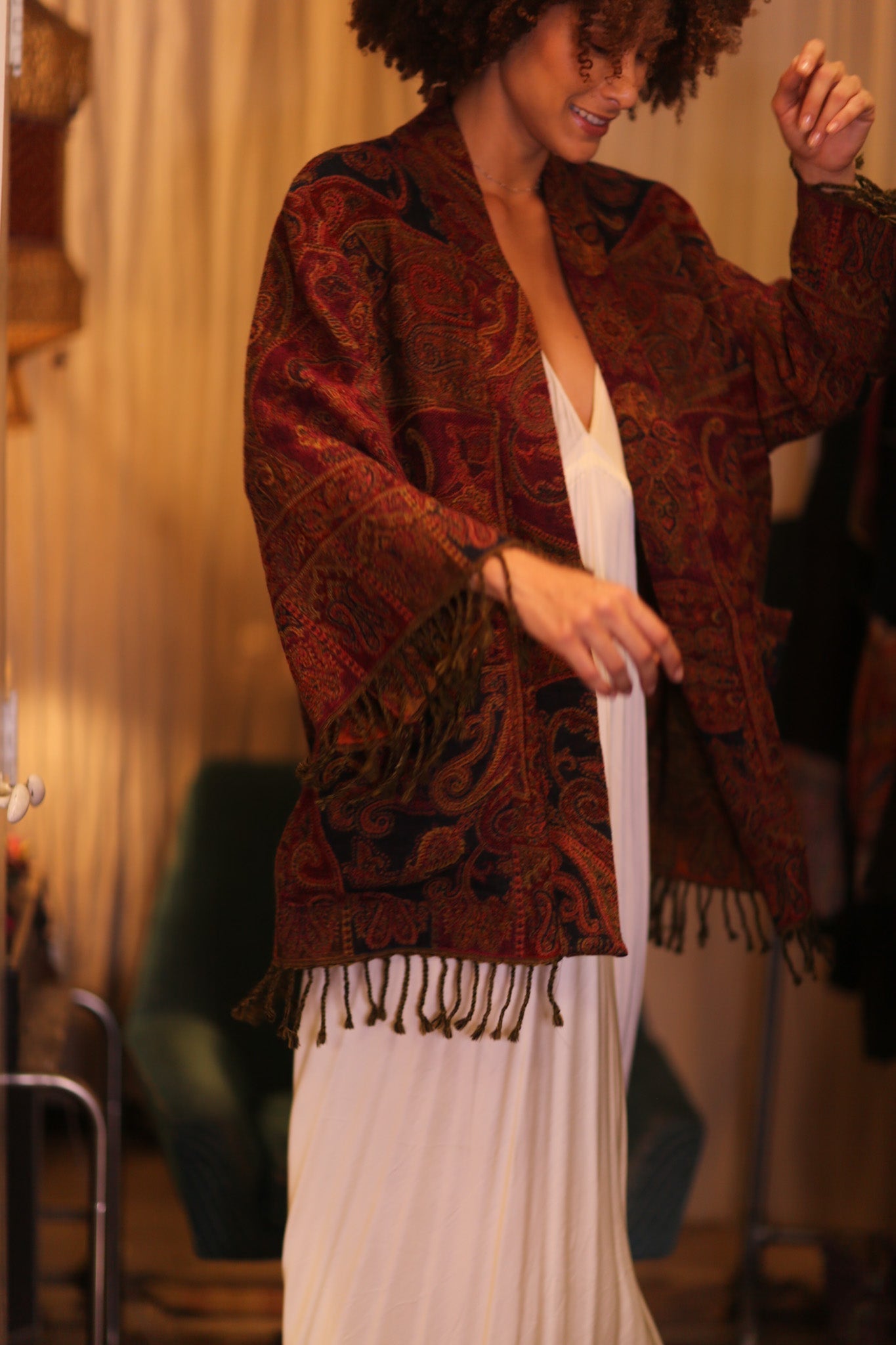 CONE PATTERNED EMBROIDERED COTTON WOOL SHAWL KIMONO NANCY - MOMO STUDIO BERLIN - Berlin Concept Store - sustainable & ethical fashion