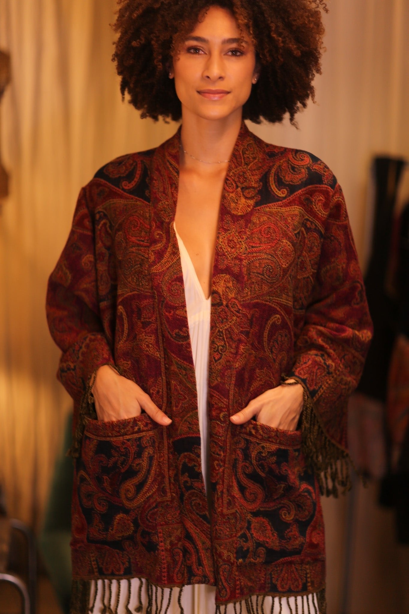 CONE PATTERNED EMBROIDERED COTTON WOOL SHAWL KIMONO NANCY - MOMO STUDIO BERLIN - Berlin Concept Store - sustainable & ethical fashion