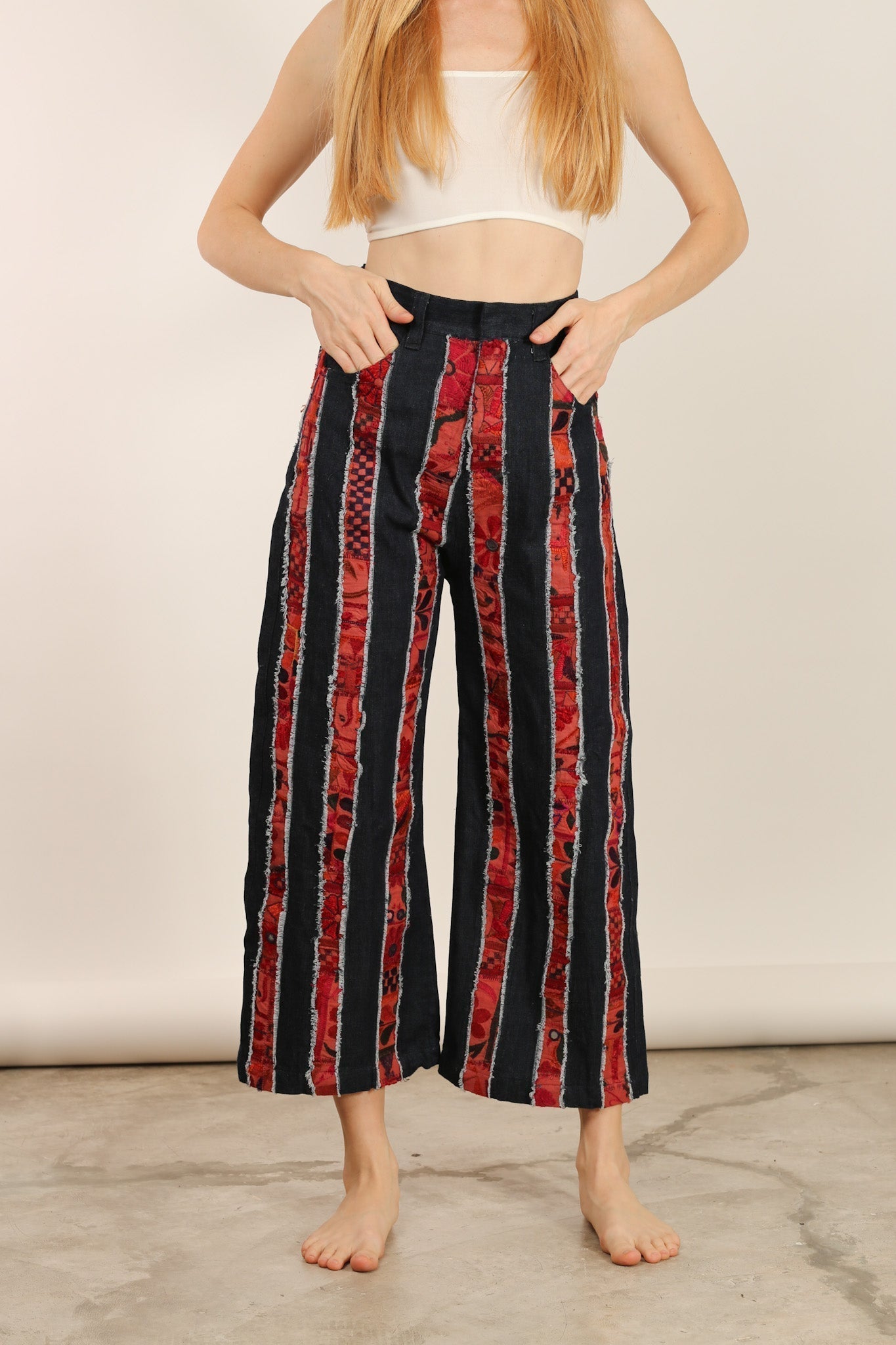 DENIM EMBROIDERED PATCHWORK STRIPE PANTS EMELIA - MOMO STUDIO BERLIN - Berlin Concept Store - sustainable & ethical fashion