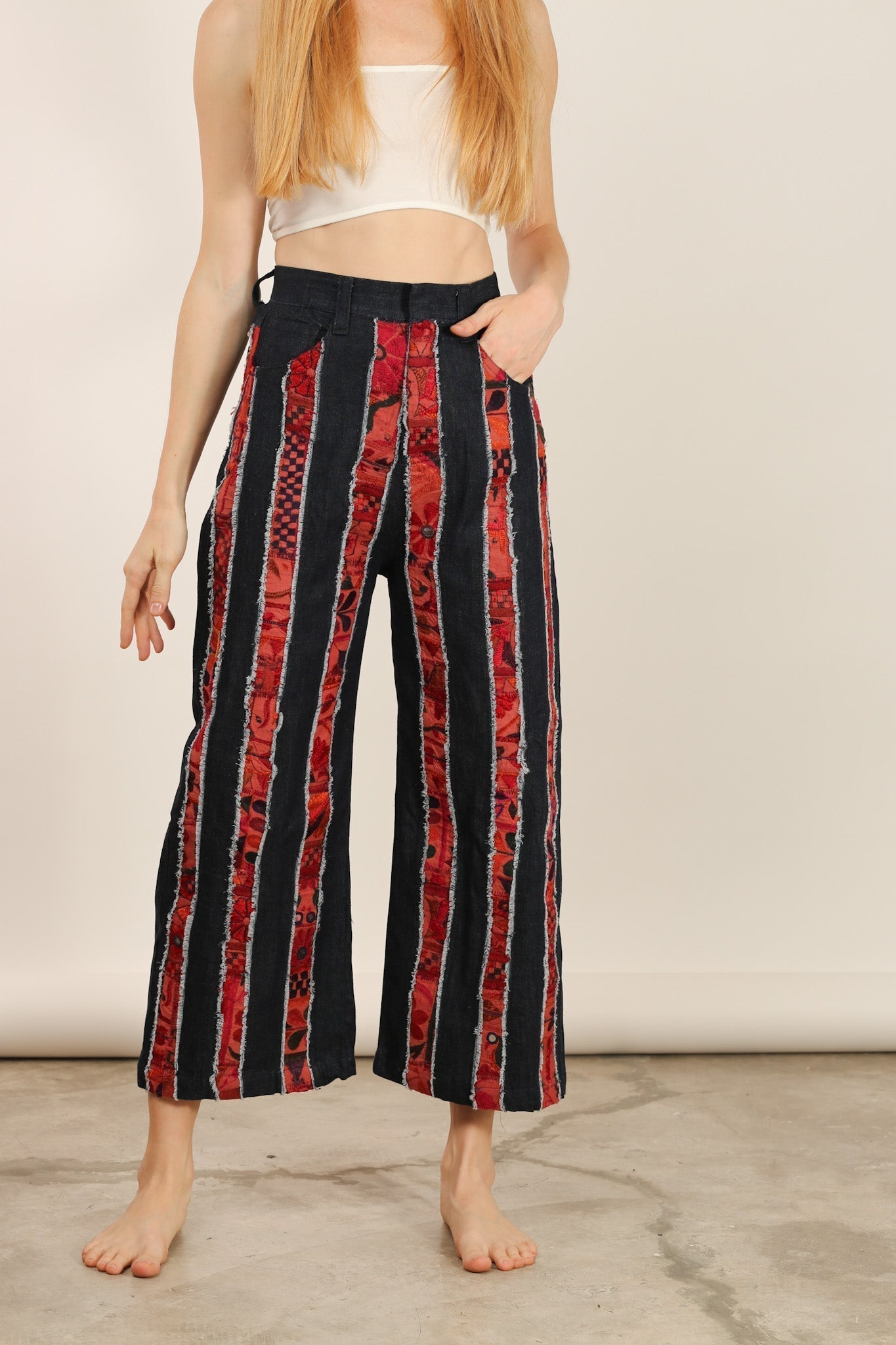 DENIM EMBROIDERED PATCHWORK STRIPE PANTS EMELIA - MOMO STUDIO BERLIN - Berlin Concept Store - sustainable & ethical fashion