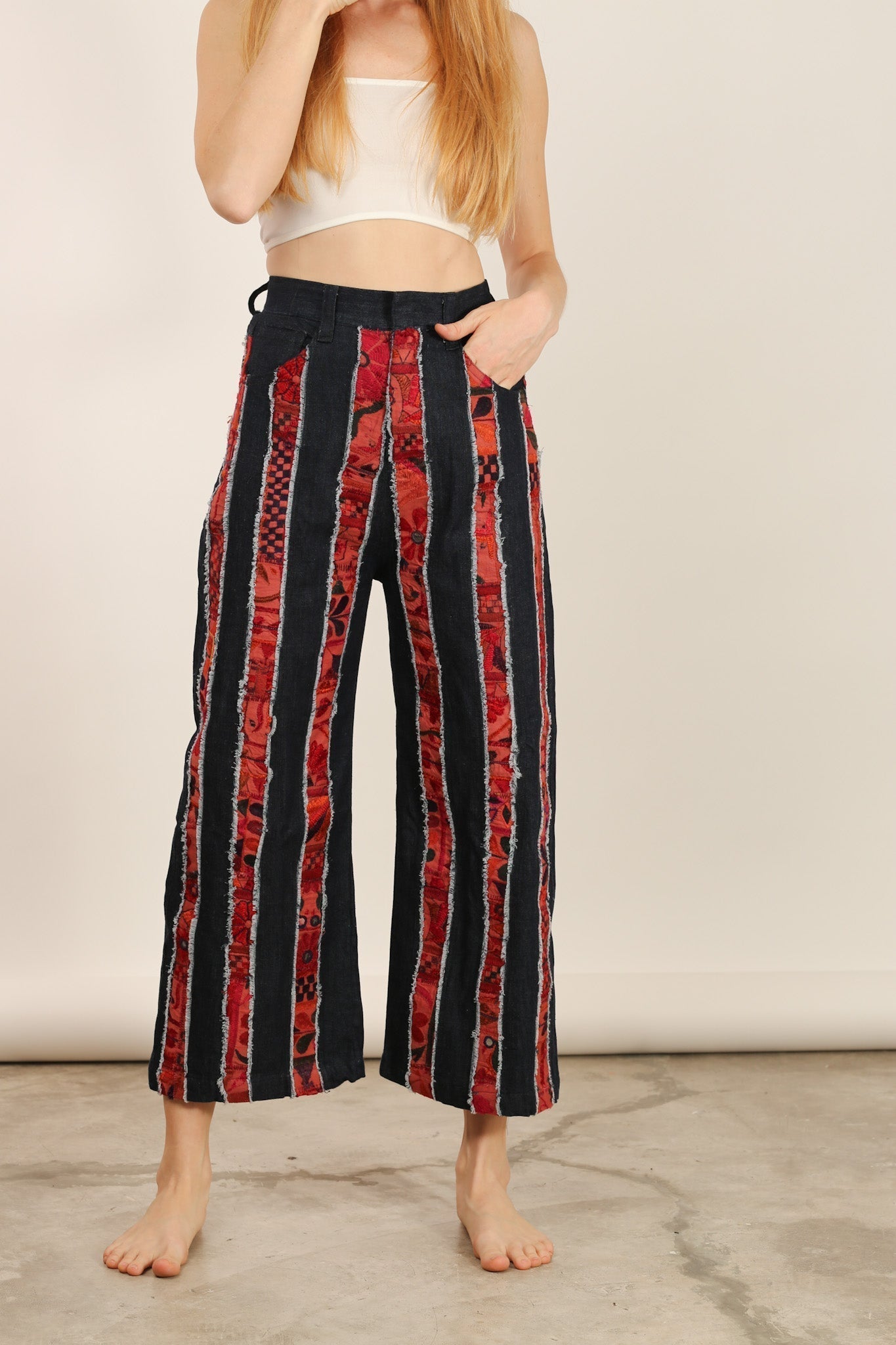 DENIM EMBROIDERED PATCHWORK STRIPE PANTS EMELIA - MOMO STUDIO BERLIN - Berlin Concept Store - sustainable & ethical fashion