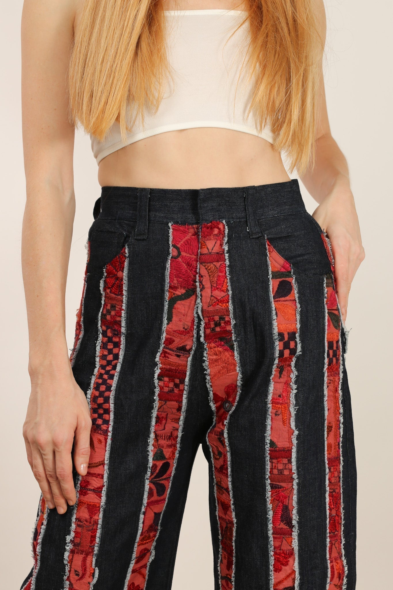 DENIM EMBROIDERED PATCHWORK STRIPE PANTS EMELIA - MOMO STUDIO BERLIN - Berlin Concept Store - sustainable & ethical fashion