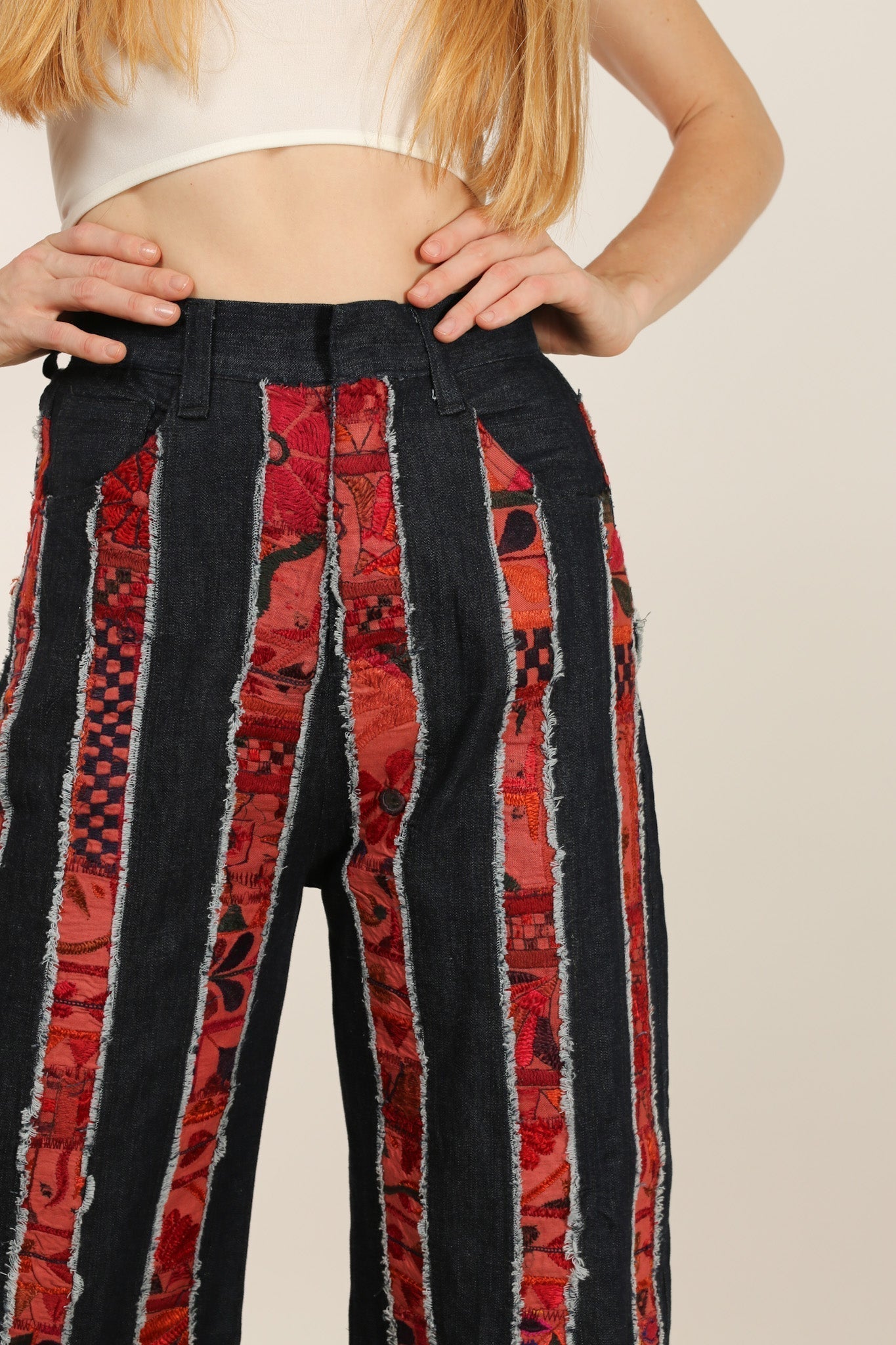 DENIM EMBROIDERED PATCHWORK STRIPE PANTS EMELIA - MOMO STUDIO BERLIN - Berlin Concept Store - sustainable & ethical fashion