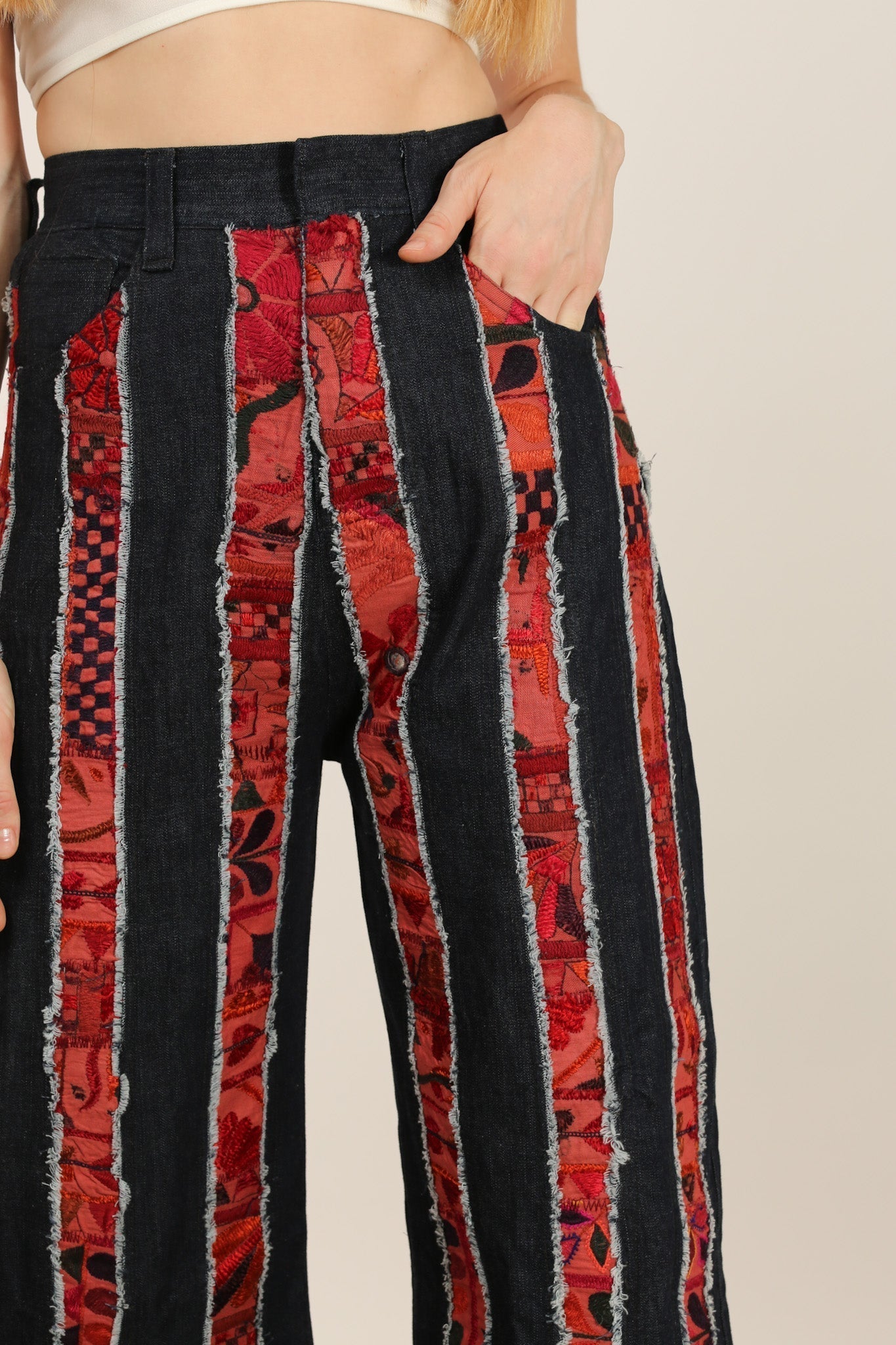 DENIM EMBROIDERED PATCHWORK STRIPE PANTS EMELIA - MOMO STUDIO BERLIN - Berlin Concept Store - sustainable & ethical fashion