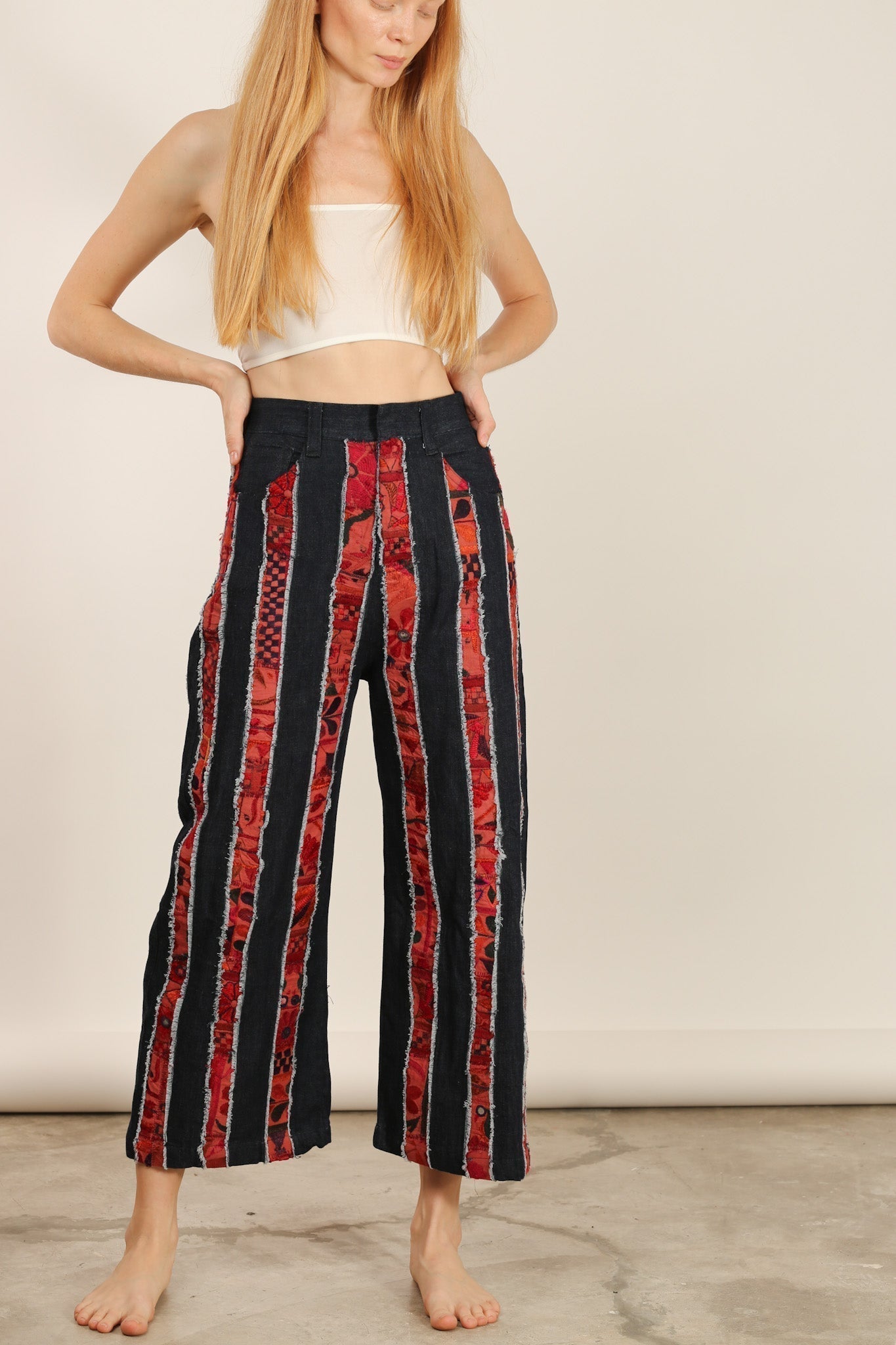 DENIM EMBROIDERED PATCHWORK STRIPE PANTS EMELIA - MOMO STUDIO BERLIN - Berlin Concept Store - sustainable & ethical fashion