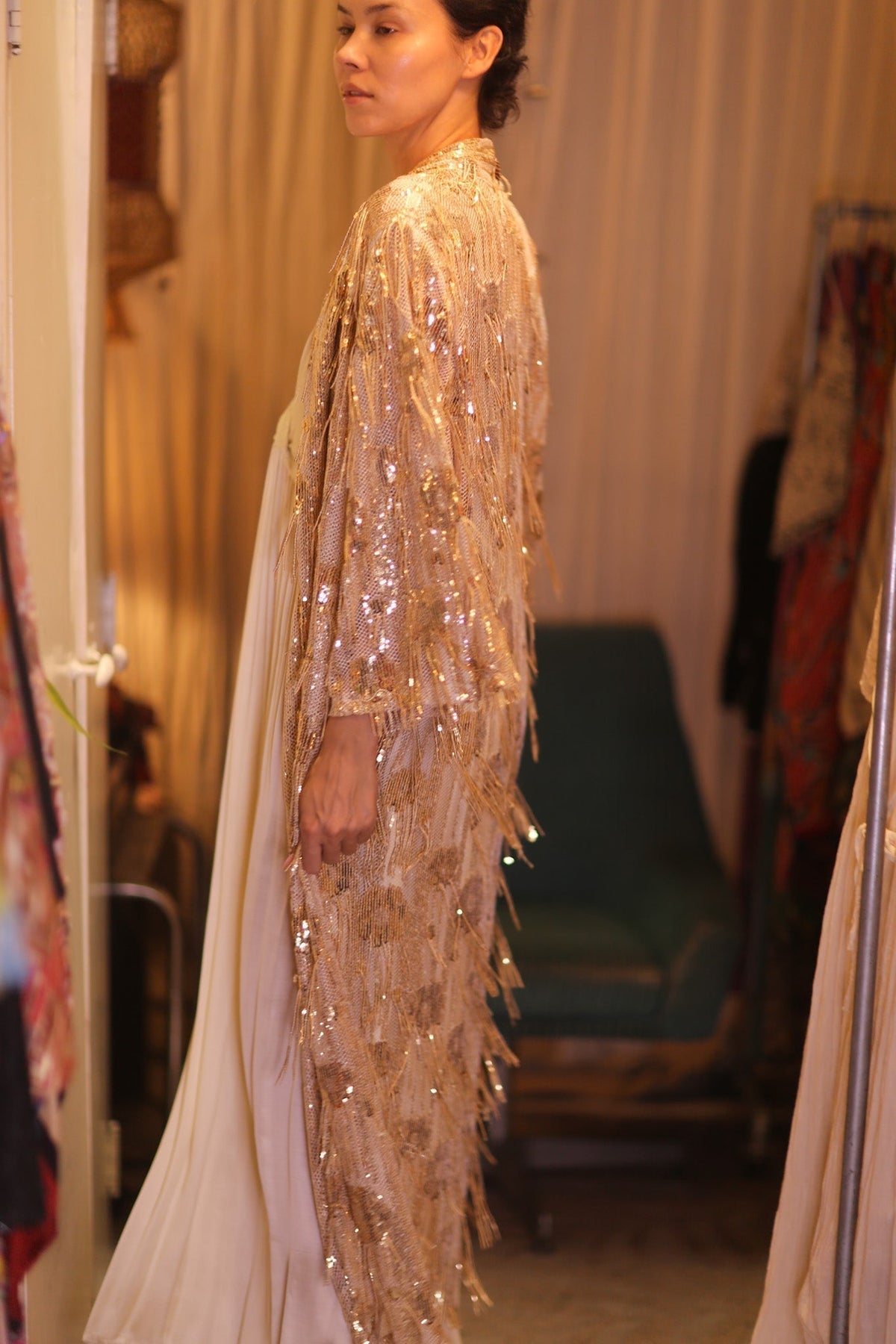 EMBROIDERED LONG FRINGE KIMONO GOLDEN - MOMO STUDIO BERLIN - Berlin Concept Store - sustainable & ethical fashion