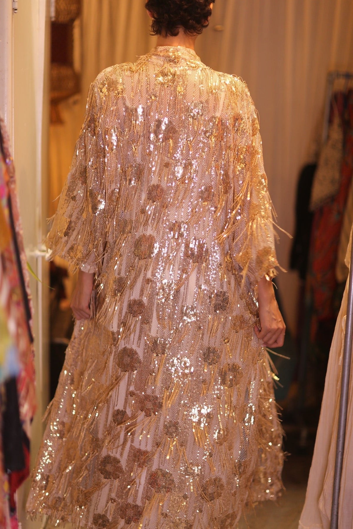 EMBROIDERED LONG FRINGE KIMONO GOLDEN - MOMO STUDIO BERLIN - Berlin Concept Store - sustainable & ethical fashion