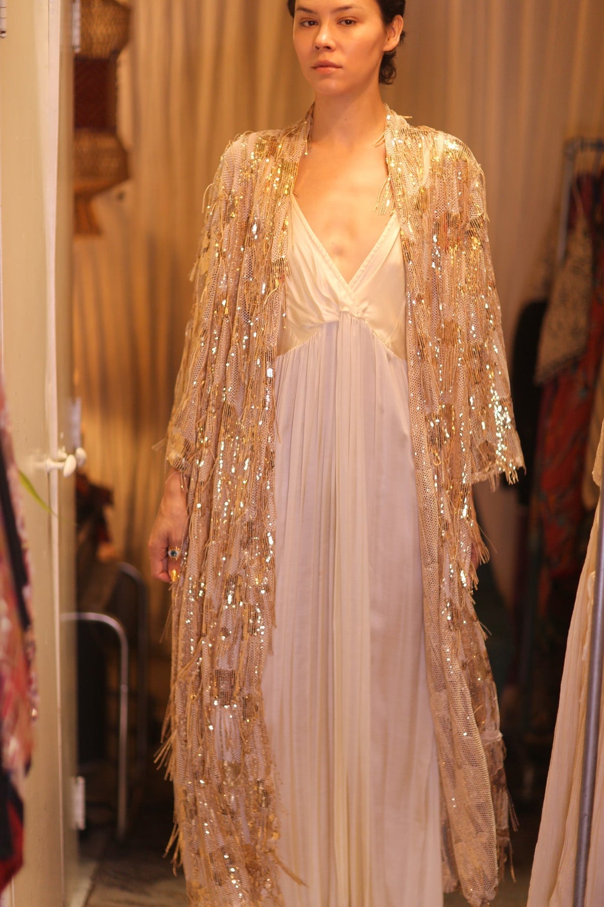 EMBROIDERED LONG FRINGE KIMONO GOLDEN - MOMO STUDIO BERLIN - Berlin Concept Store - sustainable & ethical fashion