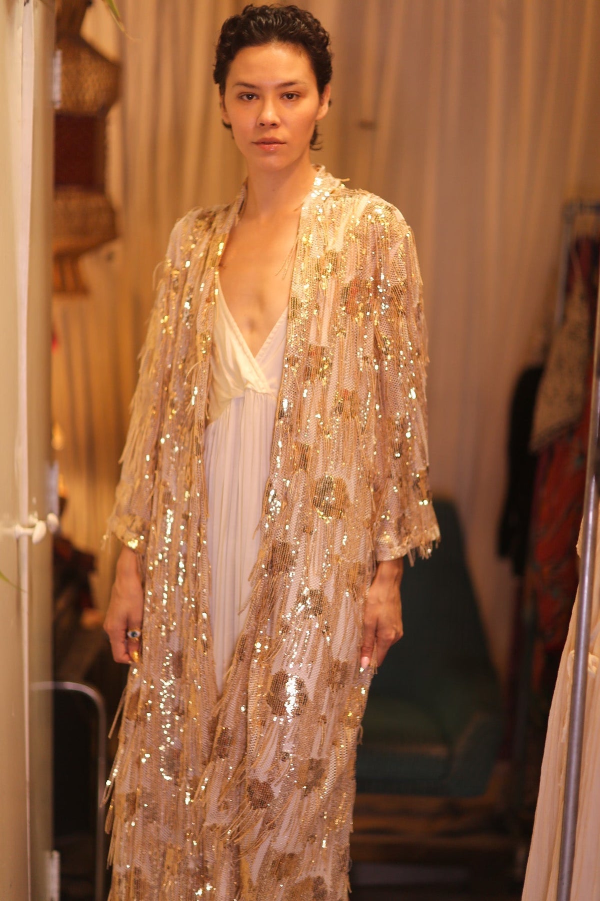EMBROIDERED LONG FRINGE KIMONO GOLDEN - MOMO STUDIO BERLIN - Berlin Concept Store - sustainable & ethical fashion