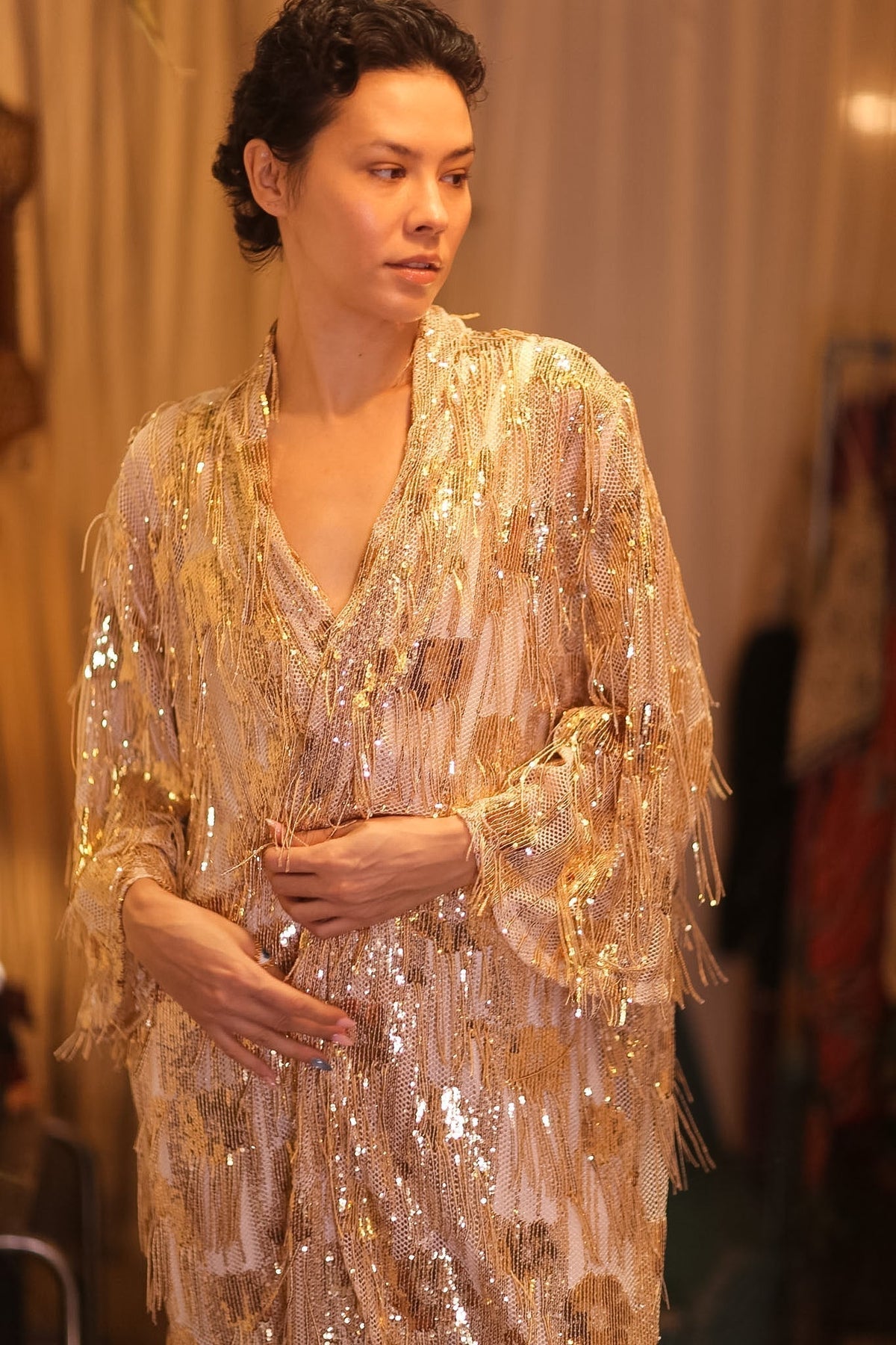 EMBROIDERED LONG FRINGE KIMONO GOLDEN - MOMO STUDIO BERLIN - Berlin Concept Store - sustainable & ethical fashion