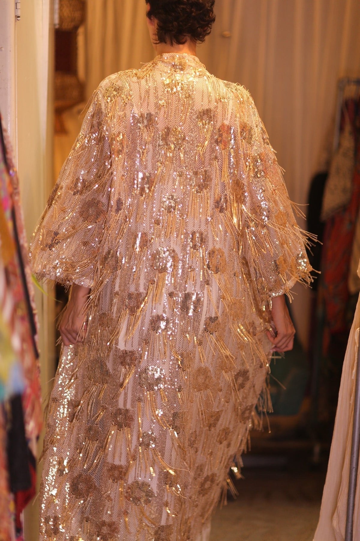 EMBROIDERED LONG FRINGE KIMONO GOLDEN - MOMO STUDIO BERLIN - Berlin Concept Store - sustainable & ethical fashion