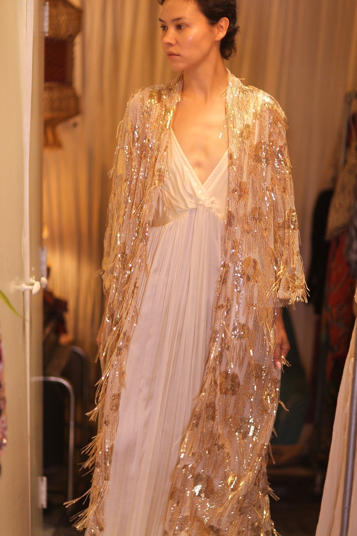 EMBROIDERED LONG FRINGE KIMONO GOLDEN - MOMO STUDIO BERLIN - Berlin Concept Store - sustainable & ethical fashion