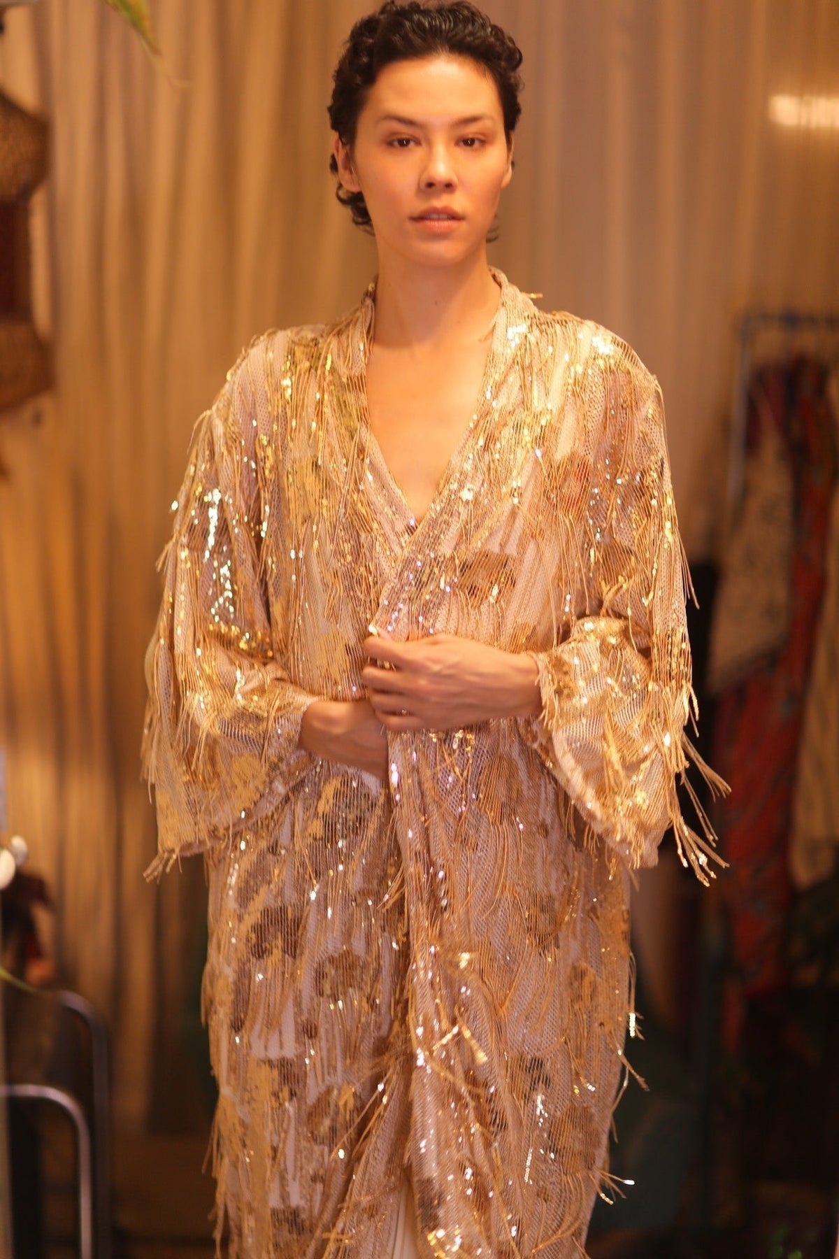 EMBROIDERED LONG FRINGE KIMONO GOLDEN - MOMO STUDIO BERLIN - Berlin Concept Store - sustainable & ethical fashion