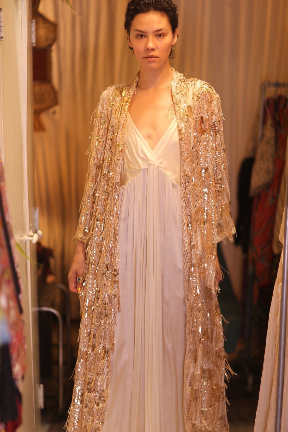 EMBROIDERED LONG FRINGE KIMONO GOLDEN - MOMO STUDIO BERLIN - Berlin Concept Store - sustainable & ethical fashion