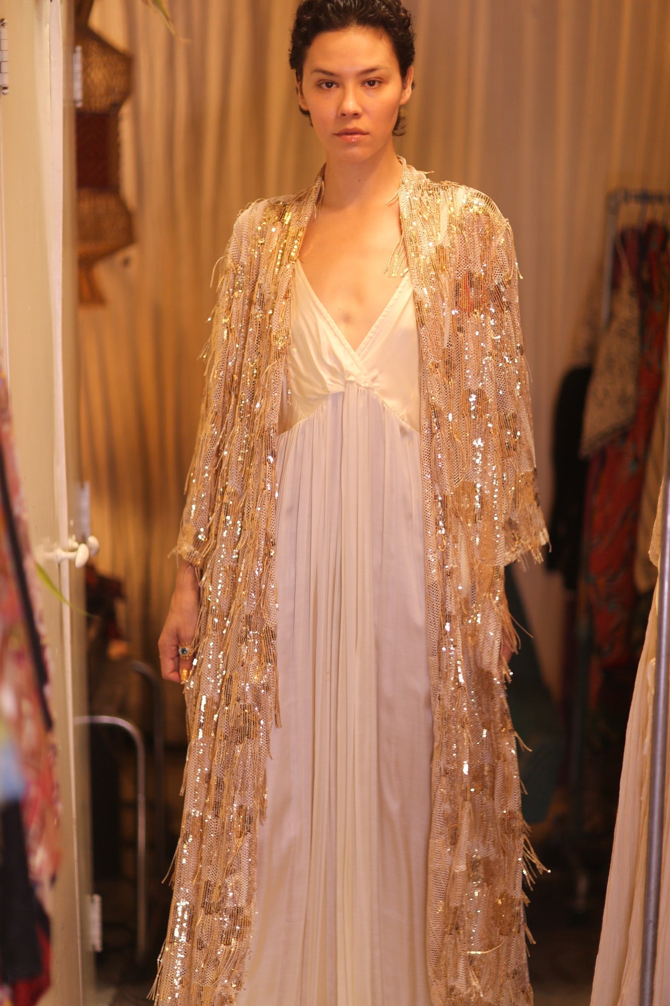 EMBROIDERED LONG FRINGE KIMONO GOLDEN - sustainably made MOMO NEW YORK sustainable clothing, kimono slow fashion